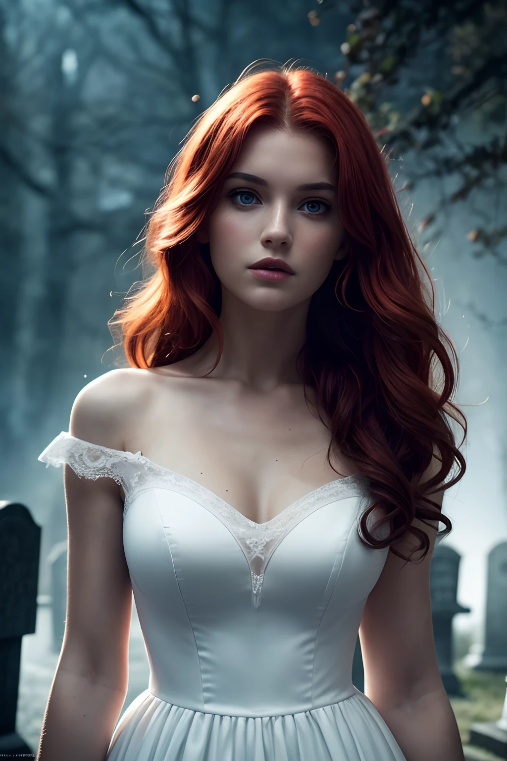 Cinematic footage from the horror film by Mario Bava, Full Medium Close-up, Gorgeous 18 year old woman, similar to Bella Thorne, Long red hair, soft, pale skin, Cute and young face, well-defined eyebrows, light blue eyes, delicate nose, plump and round lips, Walking through a gothic cemetery at night in a white wedding dress, Fog and rain, Ghostly Atmosphere, 1600s, (high skin detail: 1.2), Ultra-detailed, photo-realistic, Depth of field, Cinematic lighting, IMAX Camera, HDR, dtm, Full HD, 8K