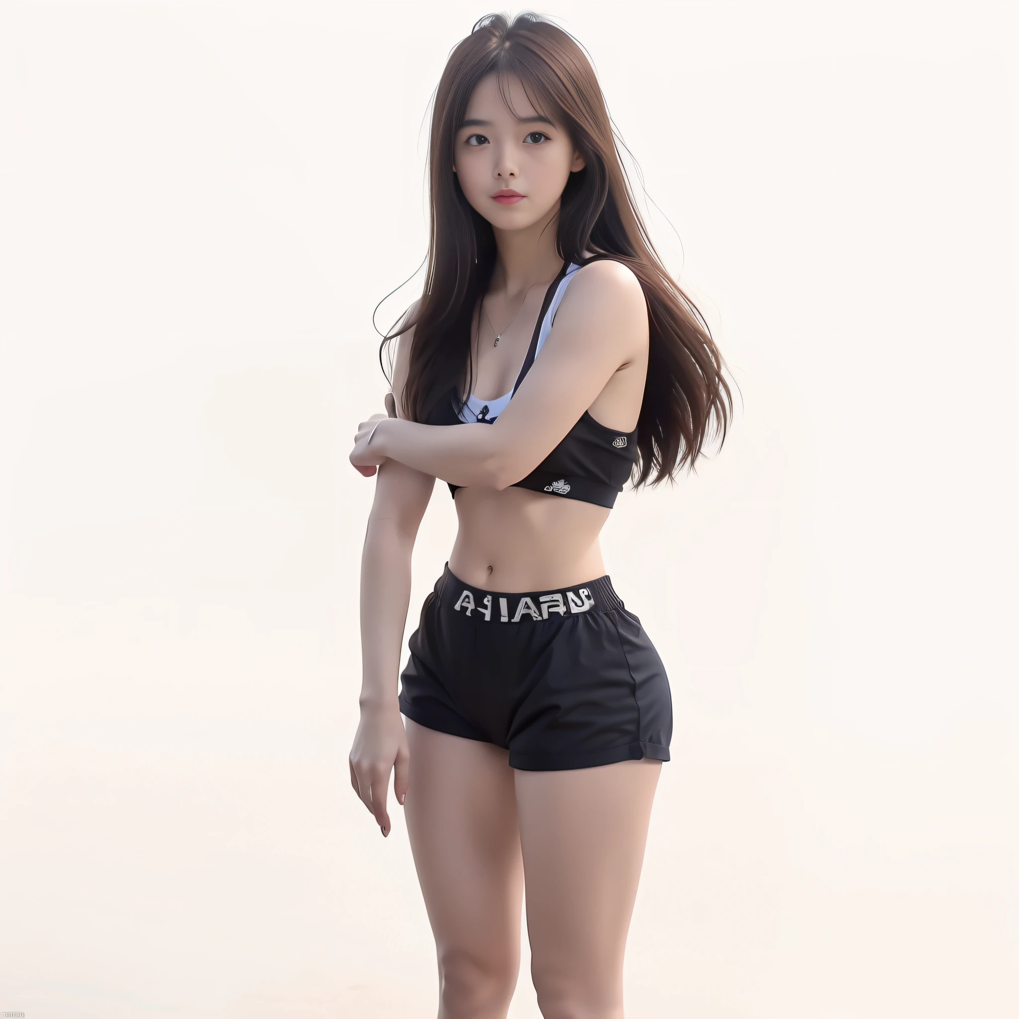 fotorrealista, High resolution, 1 Mujeres, solamente, caderas hacia arriba, Mira el visor, (Cara detallada), brown hair, Cabello largo, senos medianos, Tangtop, pantalones calientes, Calzado, Inocentes ojos azules