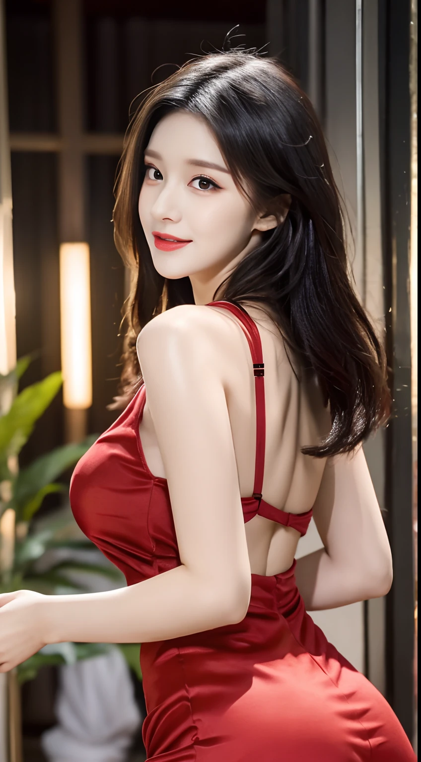 hyper HD,tmasterpiece,Highest high resolution,highest details,lightand shade contrast,A young and beautiful woman,Black hair,beautiful pupil,long eyelasher,Shoot from the perspective of the human eye,Dressed in a bright red evening dress,red long skirt,Standing in the banquet hall,Blurred background