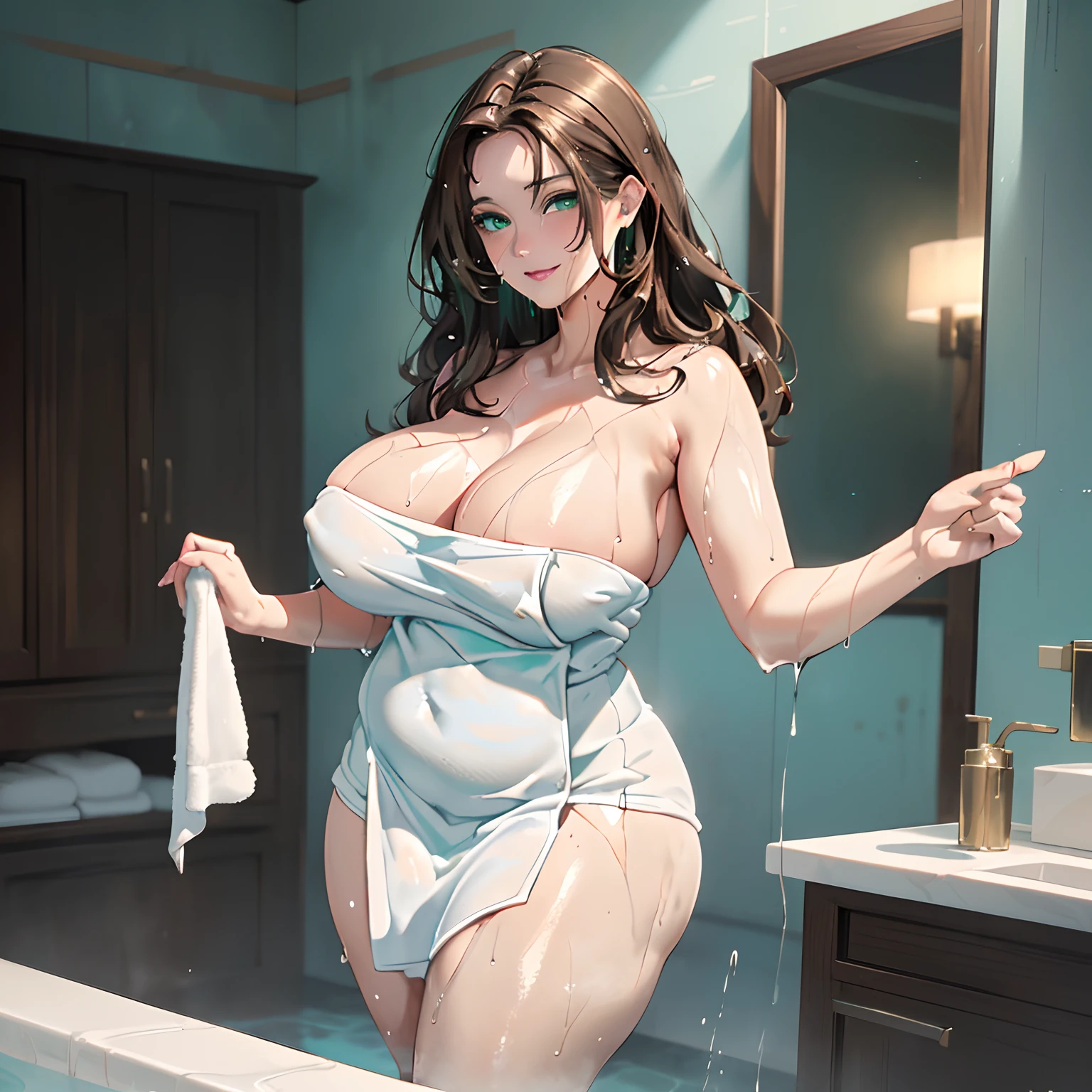 Masterpiece, Best Quality, (((Solo mature woman Janet))), (((Brown hair))), (((wide hips))), (((aqua green eyes))), full lips, seductive smile, cleavage, standing in steamy bathroom , blushing, , "beautiful mature face" , age30 , MILF , adult, soaking wet hair, bare shoulder, ((Sexual suggestiveness)), perfect beautiful eyes, detailed eyes. thick lips, ((big boobs)), (Thick thighs), looking in mirror, (((shiny dripping wet skin))), (((chubby))), naked towel, hand on own chest, large breasts, bare arms, solo, wet, bare shoulders, (((white towel))), standing, looking at viewer, eyes visible through hair,