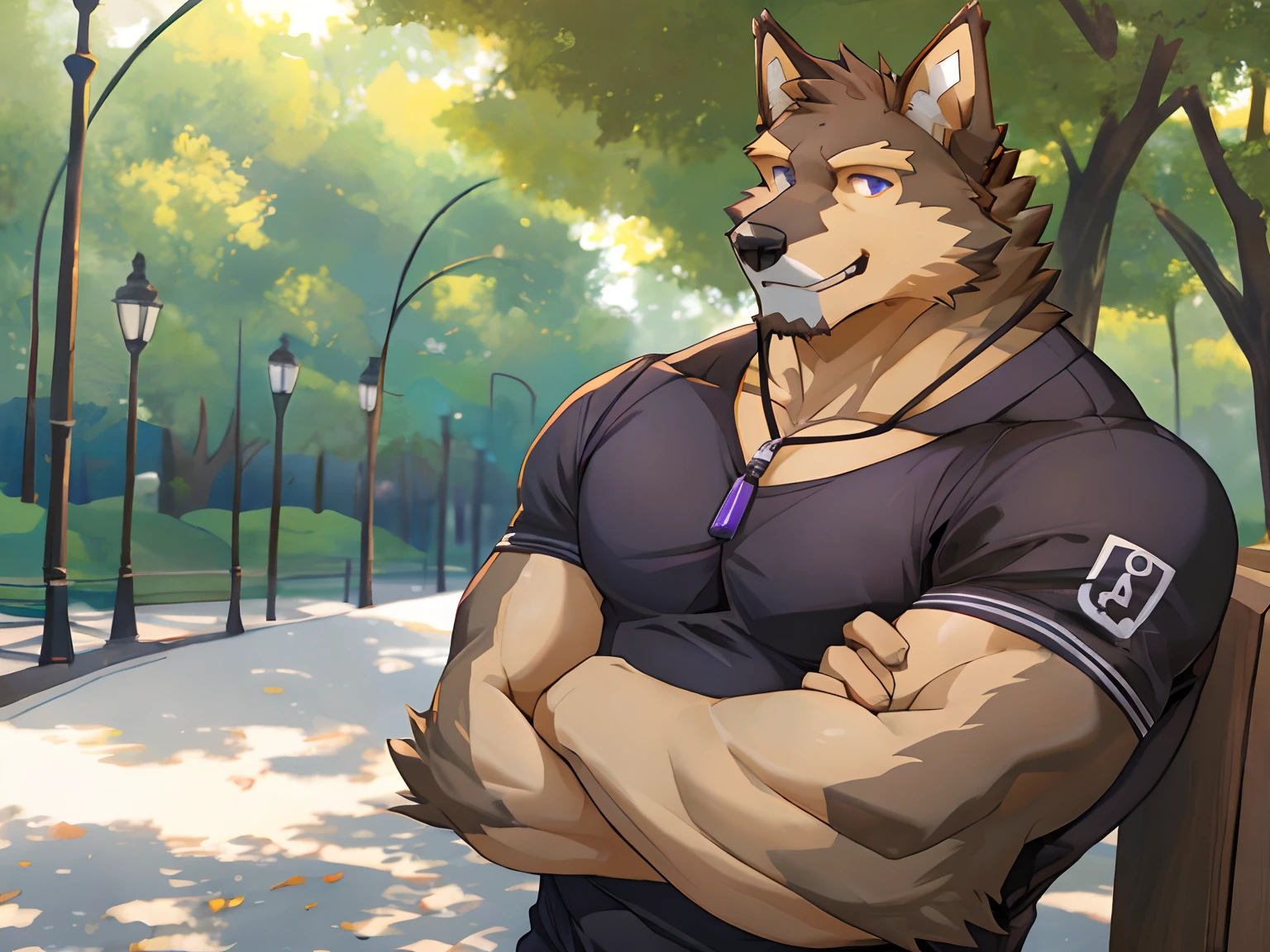 Pubraseer, Furry German shepherd dog, Brown Furs, Two Toned Colors, Purple Detailed Eyes, Muscular body, handsome, good looking, Casual Set, Smirking, cool pose, Park Background.