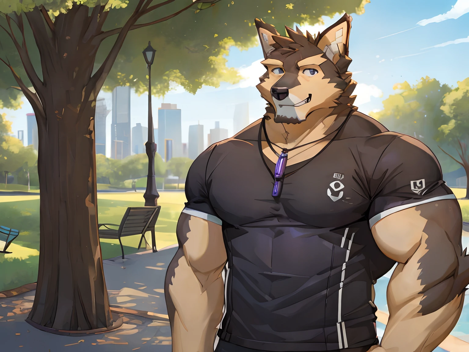 Pubraseer, Furry German shepherd dog, Brown Furs, Two Toned Colors, Purple Detailed Eyes, Muscular body, handsome, good looking, Casual Set, Smirking, cool pose, Park Background.