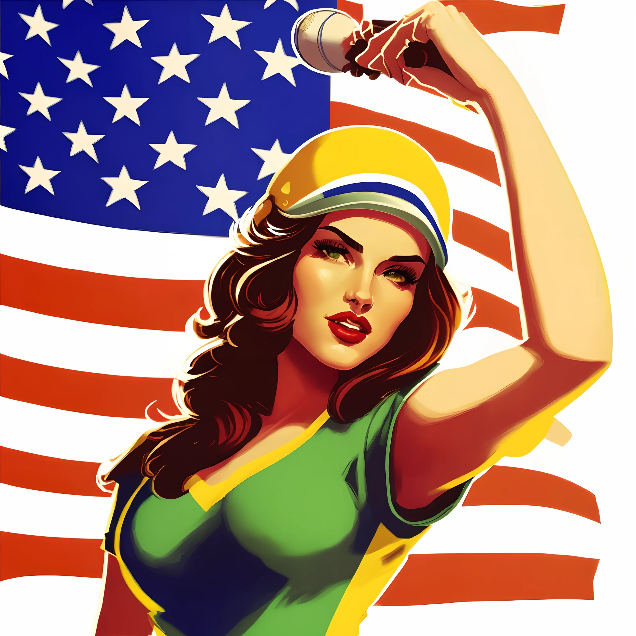 Close-up of a woman holding a baseball bat in front of an American flag, American Dream, Stylized digital illustration, Official artwork, retro artwork, lucio as a woman, sovietwave, beautiful retro art, pinup art, Vivid American colors, in style of digital illustration, Official illustration, 2K, 2 k, vintage illustration, illustrative art