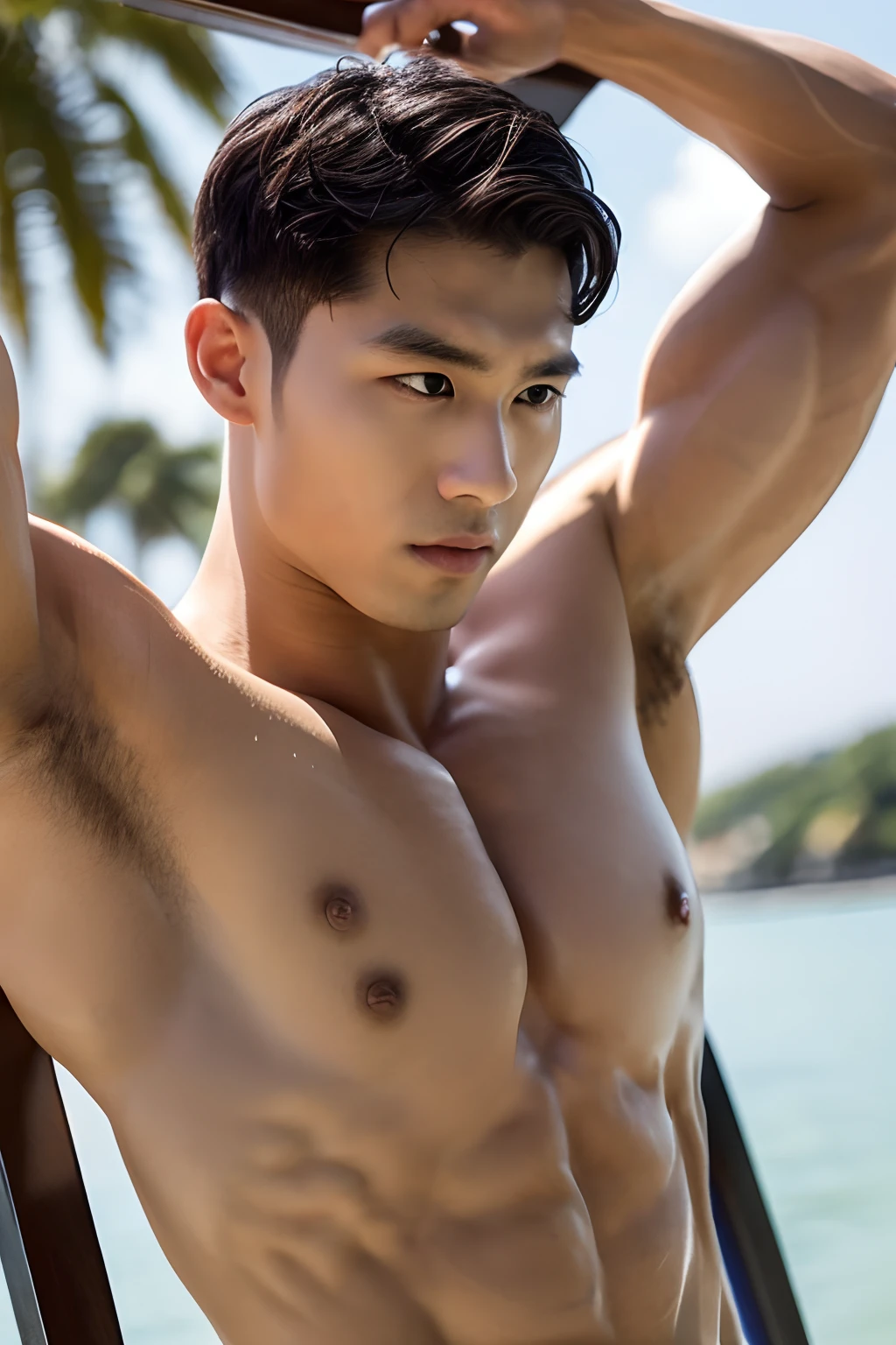 Masterpiece, Best Quality, Solo, Korean Men, beach baground, bodybuilder, Muscular body, big muscle, Natural eyes, Short and delicate hair, Sexy Man, looking up at viewer, Triangle Men's Swimwear, Large protrusions, Erection, Muscular posture