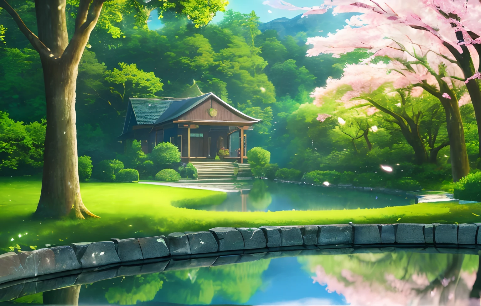 scenery,forest,village,well,sky,clouds,anime,Yuno Gasai,pink hair,(best quality,4k,8k,highres,masterpiece:1.2),ultra-detailed,(realistic,photorealistic,photo-realistic:1.37),HDR,UHD,studio lighting,sharp focus,concept artists,vivid colors,bokeh,colored,ethereal,soft glow,serene,moonlit,cascading,tranquil, magical,illuminate, misty air,emerald-green leaves, rustic houses,ancient village,still water surface,whispering wind,hidden pathway,enchanted charm,slate grey rooftops Dappled sunlight,tranquil atmosphere,rustic charm,blossoming flowers,overgrown ferns,majestic mountains,lush greenery,peaceful ambiance,floating clouds, ethereal village,vibrant pink hair,fierce gaze,adorable smile,soft pink petals,pastel color scheme,sakura blossoms,fantasy elements,unforgettable, enigmatic, paradise, resplendent, serene and tranquil.