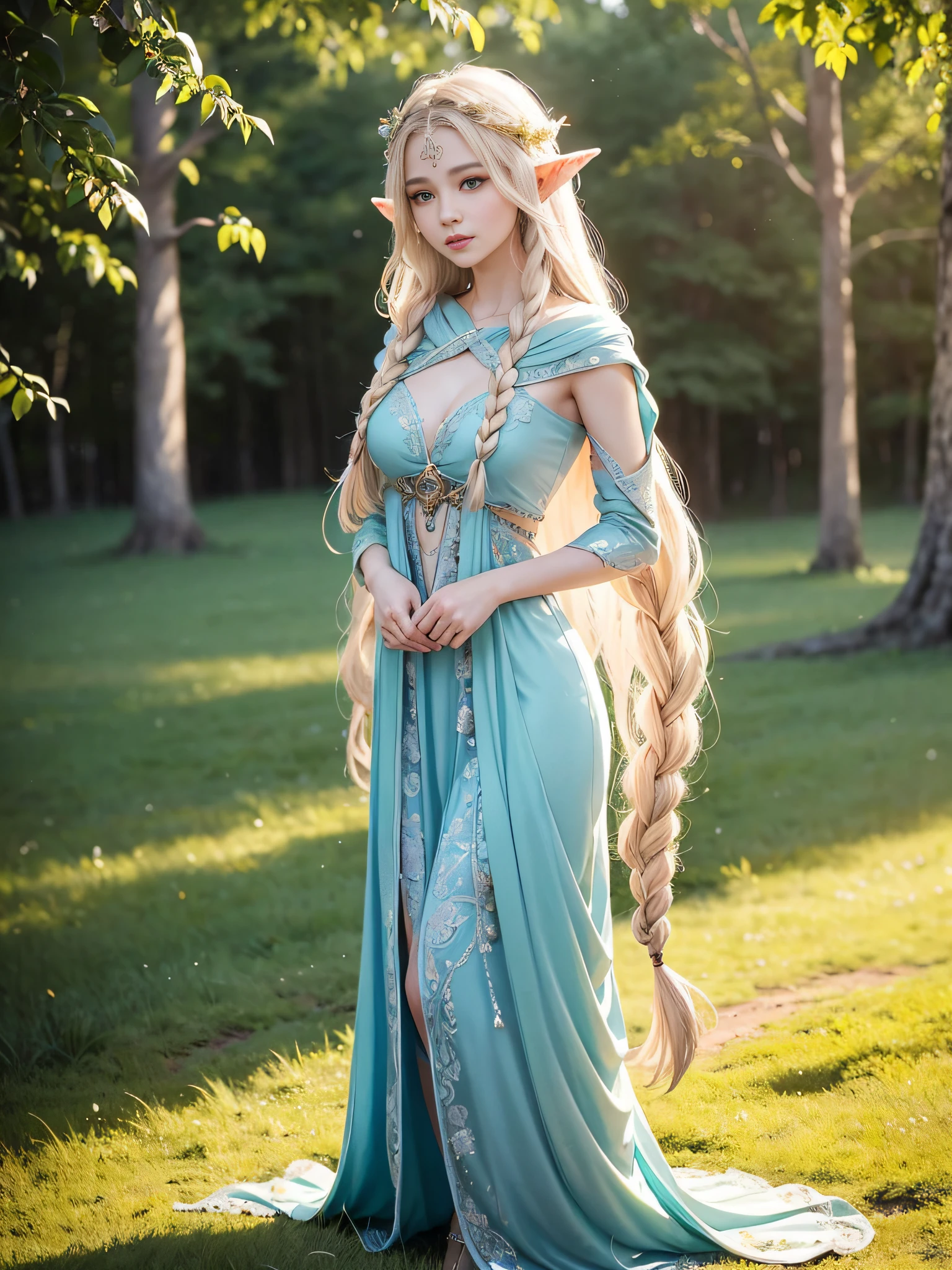 Graceful elven girl standing in meadow, Delicate face illuminated by the soft light of the setting sun. Her long, Flowing hair runs down your back, Decorated with intricate braids、Adorned with sparkling gemstones. This great photo is、、、It captures the ethereal beauty of elves. Slender figure in silk dress、Swaying in the soft steppe breeze. Attention to detail、Face that is、Face that is、Face that is、Face that is、It is evident in the intricate patterns of the dress and the subtle highlights of the luminescence. skin. The breathtaking portrayal of the elven girl is、、、、、Create an enchanting atmosphere、It invites the viewer to a magical world.