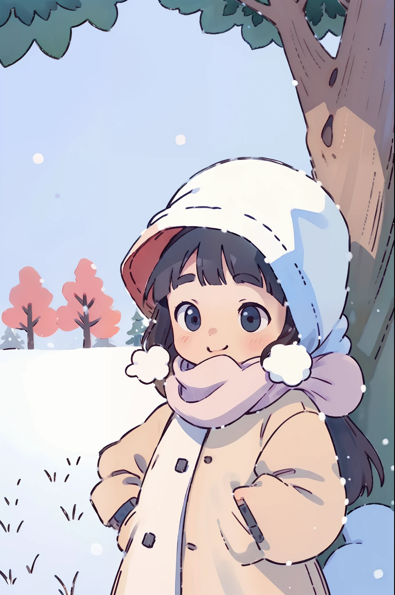 Girl, Long hair, face round, Big eyes, down jacket, Smile, Scarf, winter, park, yukito, White snow, tree, snow cover, in a panoramic view, Front