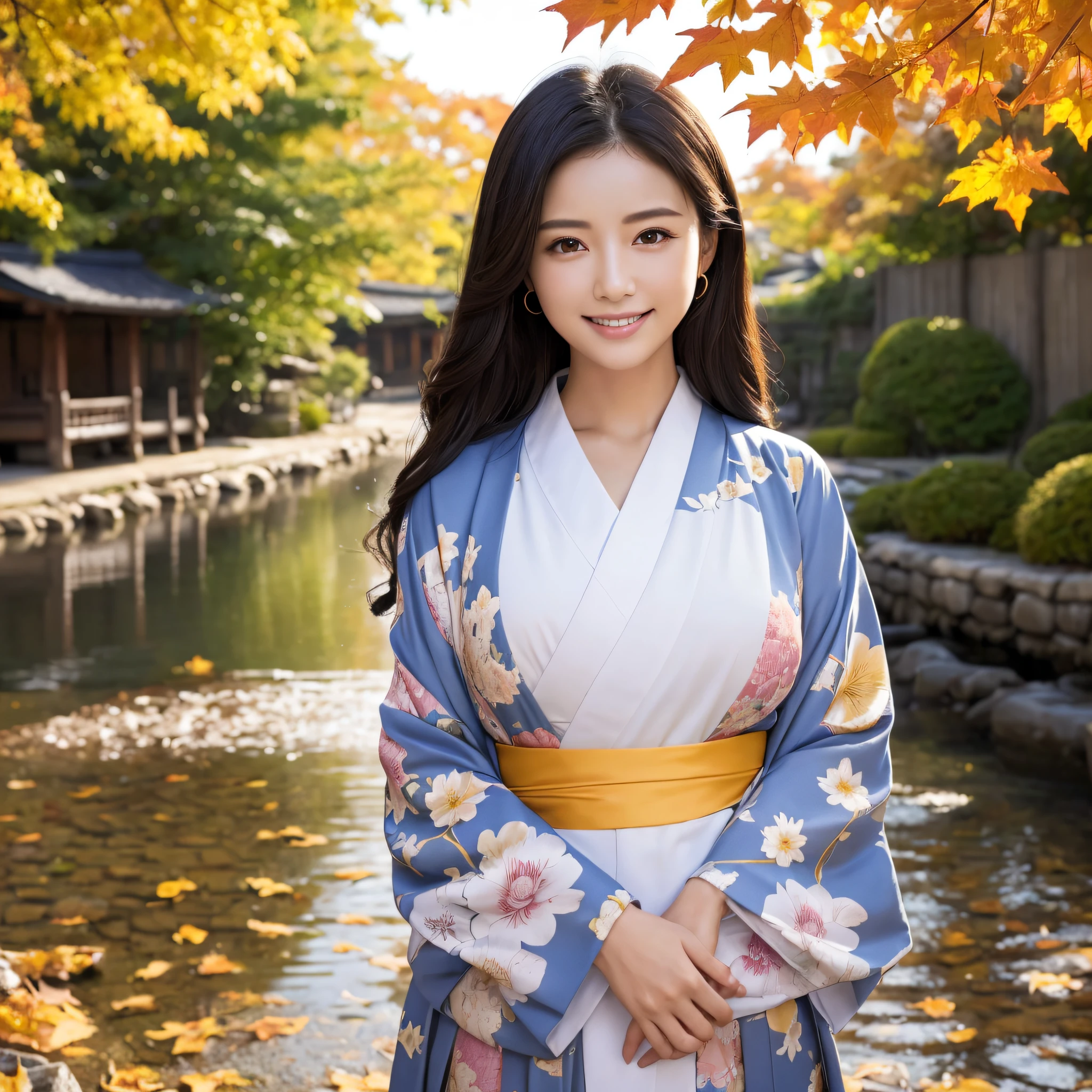 (Super beautiful woman in kimono)、((best qualtiy、8k masterpieces:1.3))、foco nítido:1.2、(ultra beautiful faces:1.0)、(shinny skin:1.0)、photos realistic、A dark-haired、Video Lighting、High-definition eyes and face、Video Lighting、Japanese actressl、from the front side、medium breasts、With a happy smile、wearing kimonos、Under the autumn leaves、