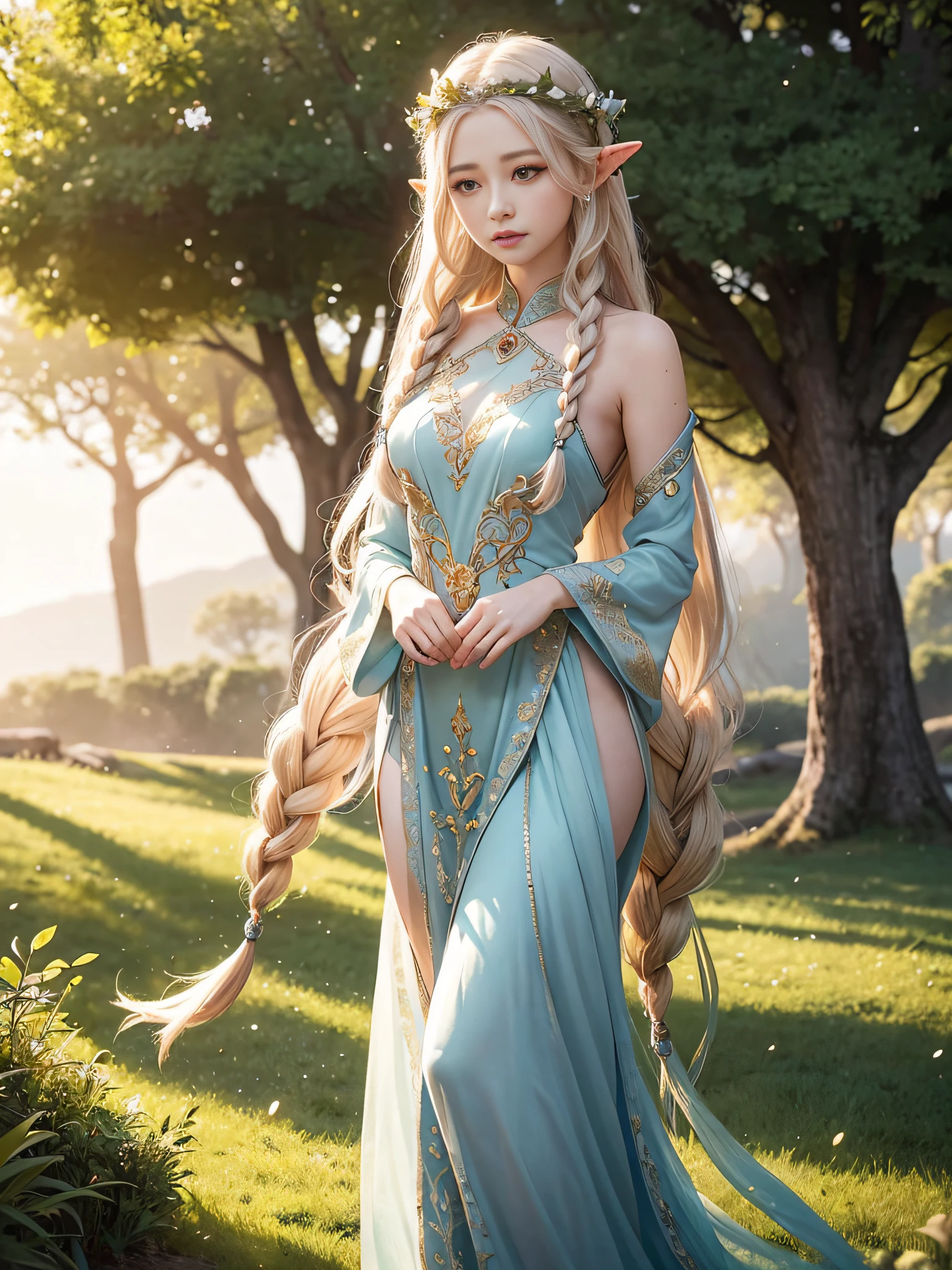 Graceful elven girl standing in meadow, Delicate face illuminated by the soft light of the setting sun. Her long, Flowing hair runs down your back, Decorated with intricate braids、Adorned with sparkling gemstones. This great photo is、、、It captures the ethereal beauty of elves. Slender figure in silk dress、Swaying in the soft steppe breeze. Attention to detail、Face that is、Face that is、Face that is、Face that is、It is evident in the intricate patterns of the dress and the subtle highlights of the luminescence. skin. The breathtaking portrayal of the elven girl is、、、、、Create an enchanting atmosphere、It invites the viewer to a magical world.