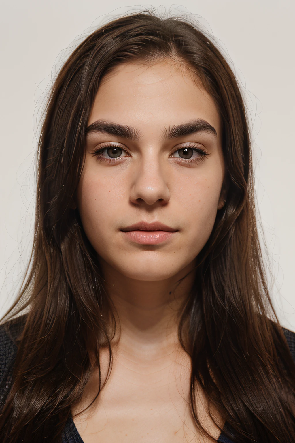 Passport portrait photo with white background of a Caucasian man approximately 25 years old, straight hair, brown eyes, thick lips and bushy eyebrows