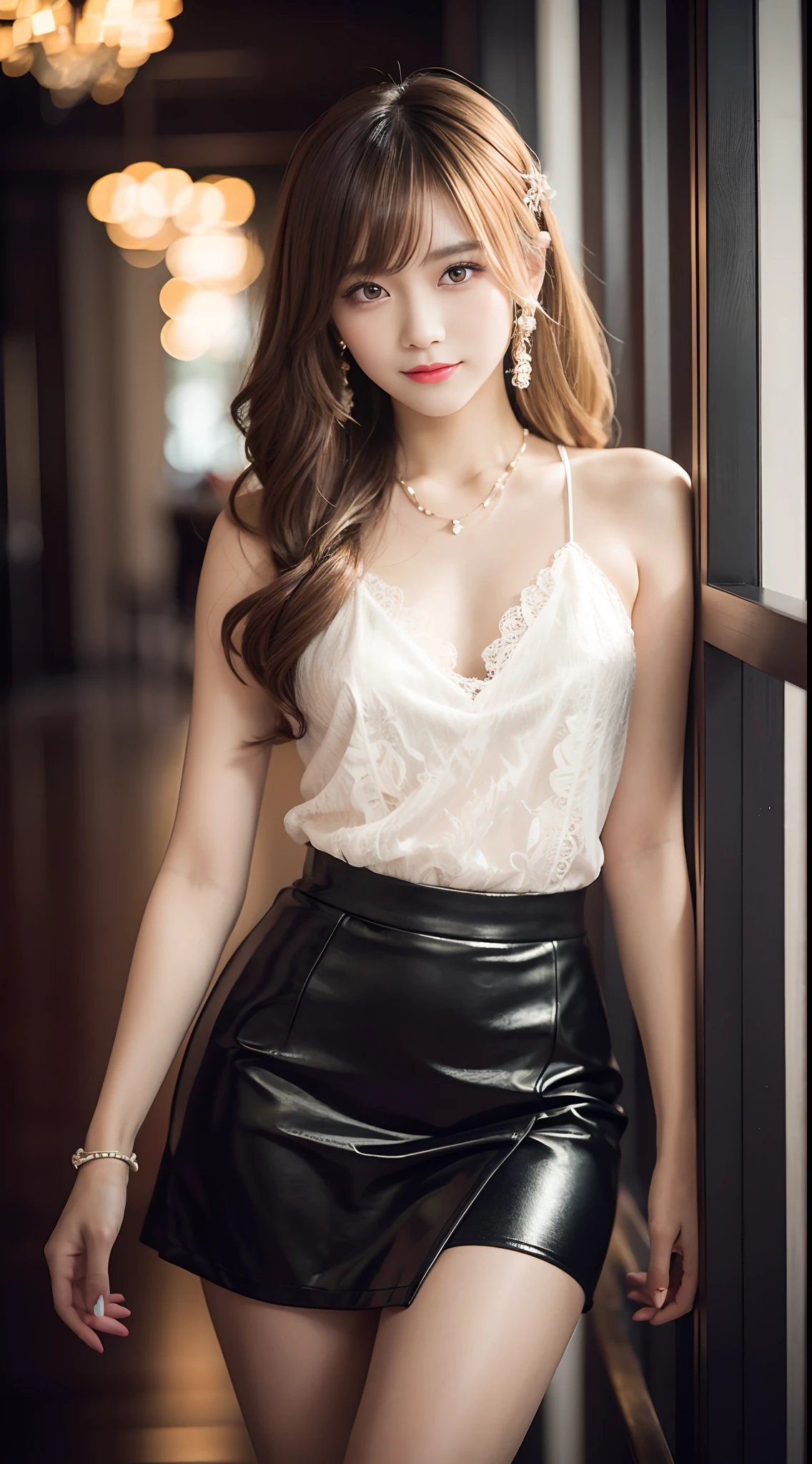 girl、Nasty Woman、Wearing a white strapless blouse、black lace skirt、Skirt and thighs、Wearing ultra-realistic pantyhose、Sitting on the windowsill、game_nffsw, realistic skin textures、shinny skin、Exposed thighs!!! masutepiece, Best Quality, Photorealsitic, Raw photo、8K, High resolution, Detailed skin, 8K UHD, Digital SLR, Soft lighting, High quality, Film grain, FujifilmXT3,