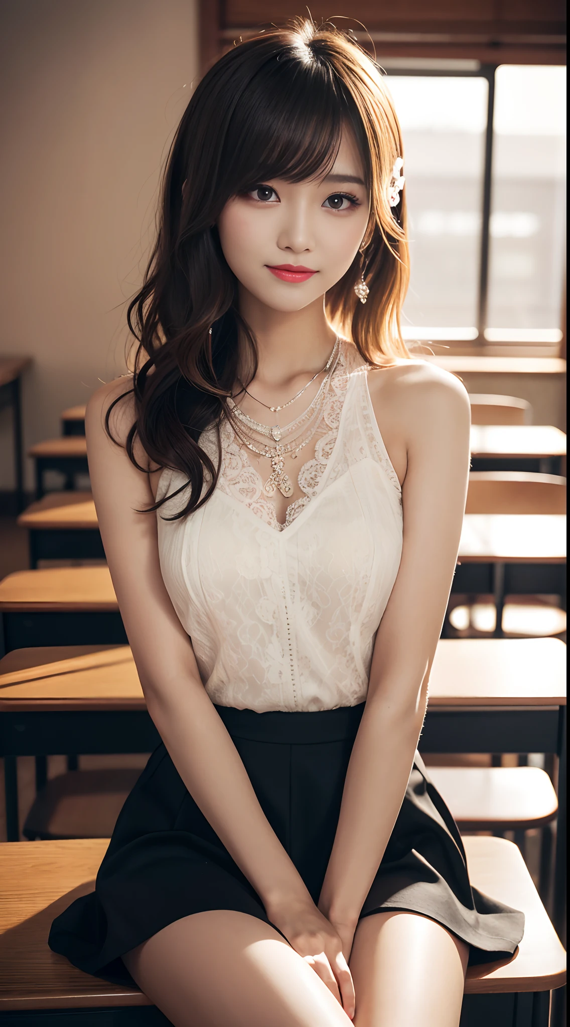 ((knee shot)), Shot from a random perspective, 20-year-old Asian model, slim, Slimming the waist, curlies, White lace shirt, black short skirt, slender leg, Cross ed leg, In the classroom, sitting on the classroom desk, warm lights, a warm color palette, Dynamic pose, posing elegantly, blonde hair, streaked hair, hair ornament, heart-shaped pupils, makeup, light smile, shy, licking lips, Romanticism, Social realism, chiaroscuro, motion blur, anaglyph, Sony FE GM, UHD, masterpiece, textured skin, super detail, best quality