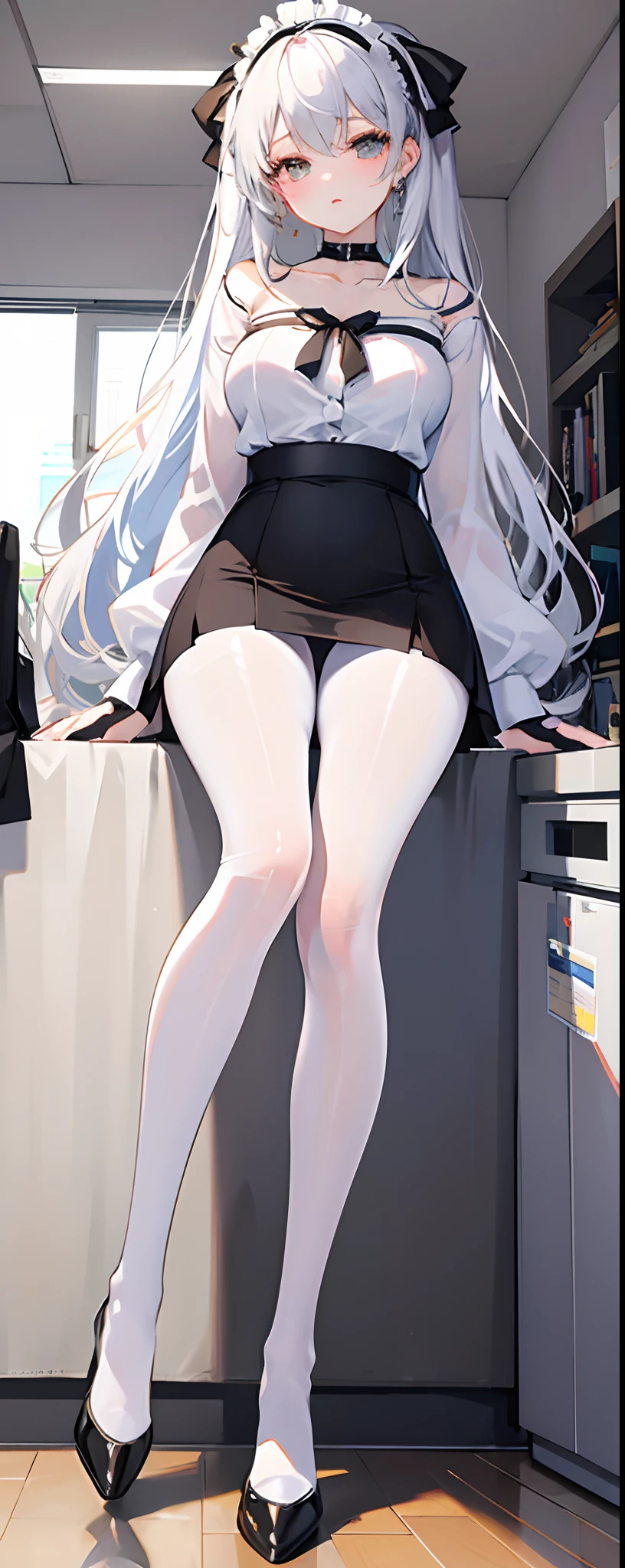 (Masterpiece,Best quality),
1girll,Solo,full bodyesbian, 
Tutu Hesb,White pantyhose, Pantyhose,
 blouse,black_choker necklace,office work_suit,High_heel_Boots,pencil_dress,