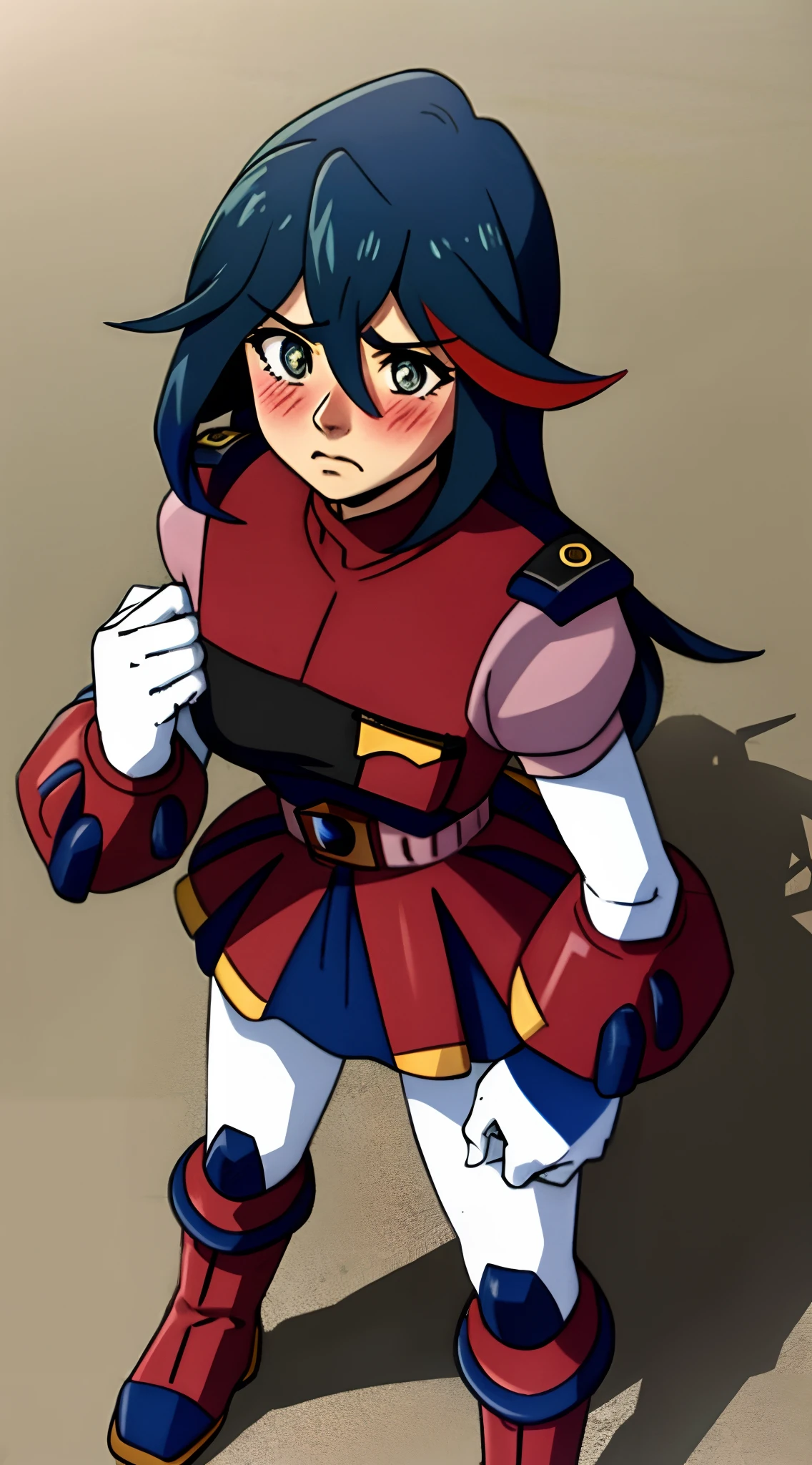 (best quality,ultra-detailed,realistic),Ryuko Matoi caught wearing a military uniform, flustered and trying to hide her face, detailed eyes and face, long eyelashes, disheveled hair, intense blush, military-style outfit, camouflage pattern, high-quality fabric, silver buttons, chest pockets, red collar, flared skirt, boots touching the ground, glossy leather material, realistic folds and creases, tension in her body language, clenched fists, blushing cheeks, dilated pupils, intense emotions, a sense of urgency in her actions, sunlight casting dramatic shadows, vibrant colors, military black color scheme, realistic lighting, dramatic backlighting, stray strands of hair illuminated, intense contrast, detailed stitching, realistic textures, realistic depiction of distress, crisp and clear details, immaculate rendering of facial features, professional portrait style.