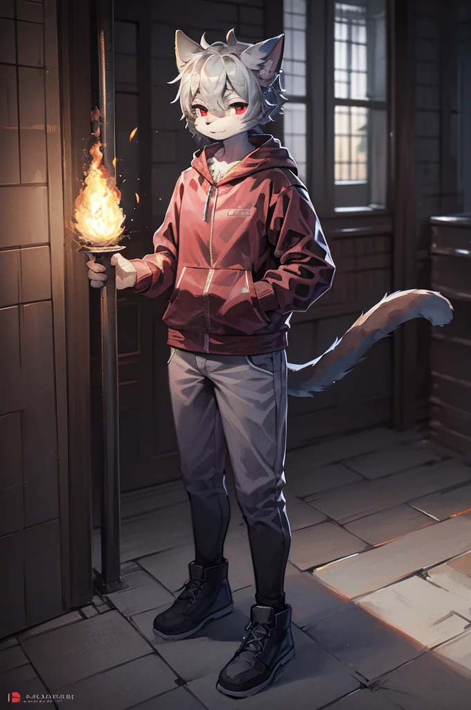 Masterpiece, high quality, digital painting/(artwork/), (anthro, fluffy fur), anthro male cat, short hair, eyes with brightness, panoramic view, (full body fur, fluffy tail, grey fur, red eyes, gray hair), blacksmith outfit, high detail background, forge, foundry, hot colors, sparks, welding