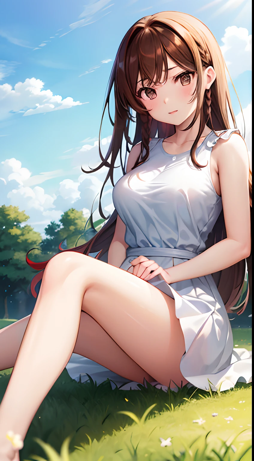 Big Breasts:1.2、、Highest quality、Very detailed、Highly realistic eye masterpiece、Highest quality、Very detailed、Gray Hair、Perfect Face、Long Hair、White Dress、Sundress、anime、countryside、Gutter Belt、White Stockings、{{{{{M-shaped legs}}}}}、nsfw、From the side、Slightly transparent、Crotch、I can see it、Skirt rolled up、Fully visible、Strong winds、Butt、No underwear、Pussy