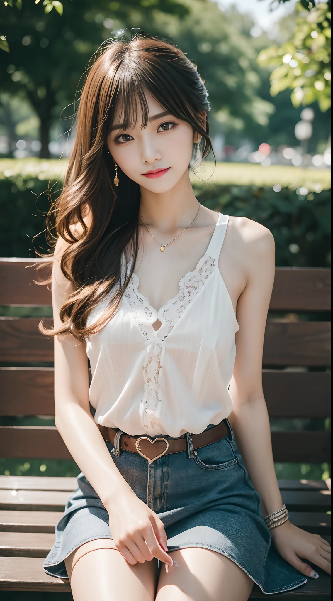 ((cowboy shot)), Shot from a random perspective, 20-year-old Asian model, slim, Slimming the waist, curlies, White lace shirt, black short skirt, slender leg, Cross ed leg, In the park, Sit Pose, sitting on a bench, blonde hair, streaked hair, hair ornament, heart-shaped pupils, makeup, light smile, shy, licking lips, Romanticism, Social realism, chiaroscuro, motion blur, anaglyph, Sony FE GM, UHD, masterpiece, textured skin, super detail, best quality