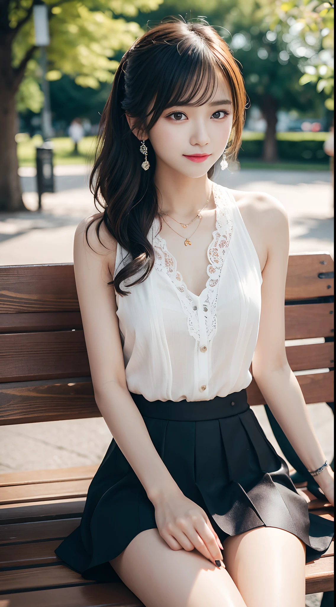 ((cowboy shot)), Shot from a random perspective, 20-year-old Asian model, slim, Slimming the waist, curlies, White lace shirt, black short skirt, slender leg, Cross ed leg, In the park, Sit Pose, sitting on a bench, blonde hair, streaked hair, hair ornament, heart-shaped pupils, makeup, light smile, shy, licking lips, Romanticism, Social realism, chiaroscuro, motion blur, anaglyph, Sony FE GM, UHD, masterpiece, textured skin, super detail, best quality