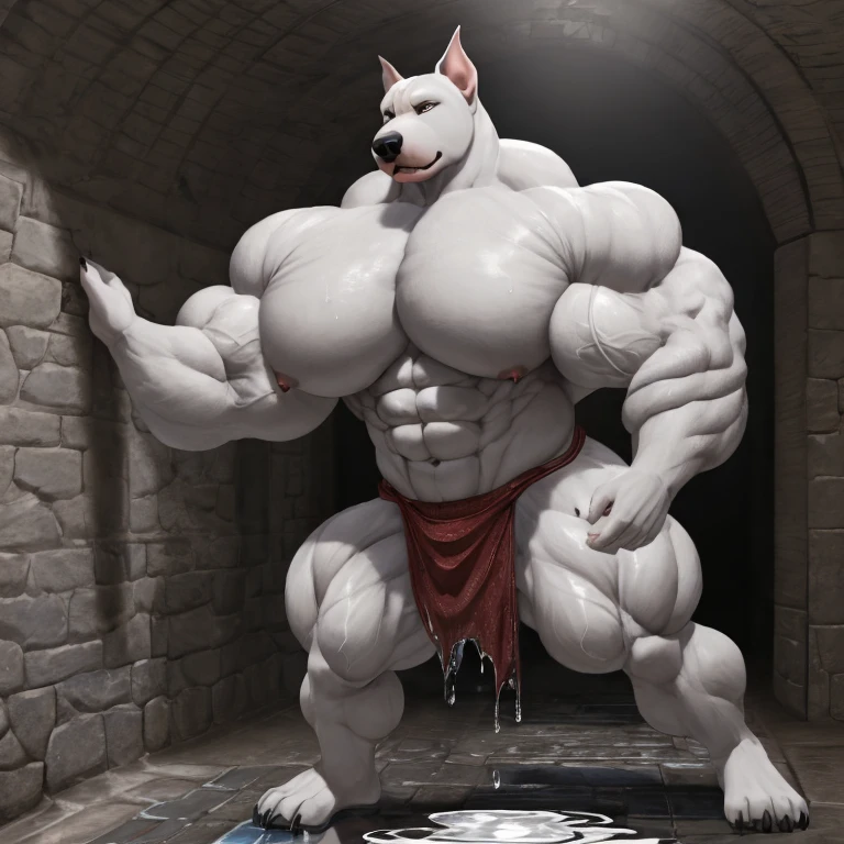 Soft shading, highly detailed textures, Anthro, pitbull, kemono, male, huge muscles, (huge pecs:1.1), muscle worship, wet skin, detailed fur, uncropped, dungeon, stepping in puddle,