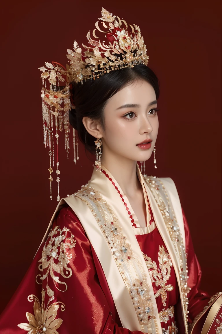 high resolution, Close-up photo of girl wearing tiara in a bun wearing a red and gold dress, ultraclear, Flawless and delicate face, Truly delicate skin, big breasts beautiful, Delicate and clear eyes, Look at the screen, Simple, (simple red background), Best quality, High details, HD, 16k