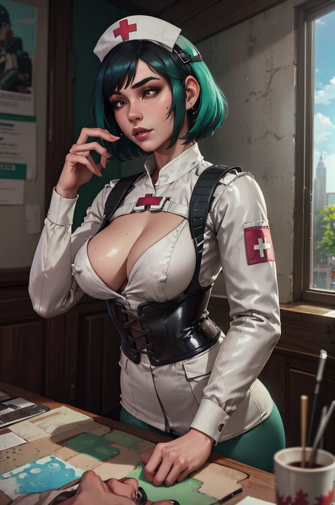 woman wearing a sexy ((nurse outfit)) latex corset, beautiful big nipples and areola, in the style of ilya kuvshinov and rossdraws. amazing composition wavy long hair with flowers growing out her face like watercolor painting over head shot intricate detailed octane render 4k artstation concept matte sharp focus illustration by ruan jia on ArtStation behance cg society hd global illumination ray tracing HDR stylized, ela_(rainbow_six_siege), masterpiece, best quality, 1girl, solo, green hair, realistic, short hair, (insanely detailed, beautiful detailed face, beautiful detailed eyes, masterpiece, best quality)
