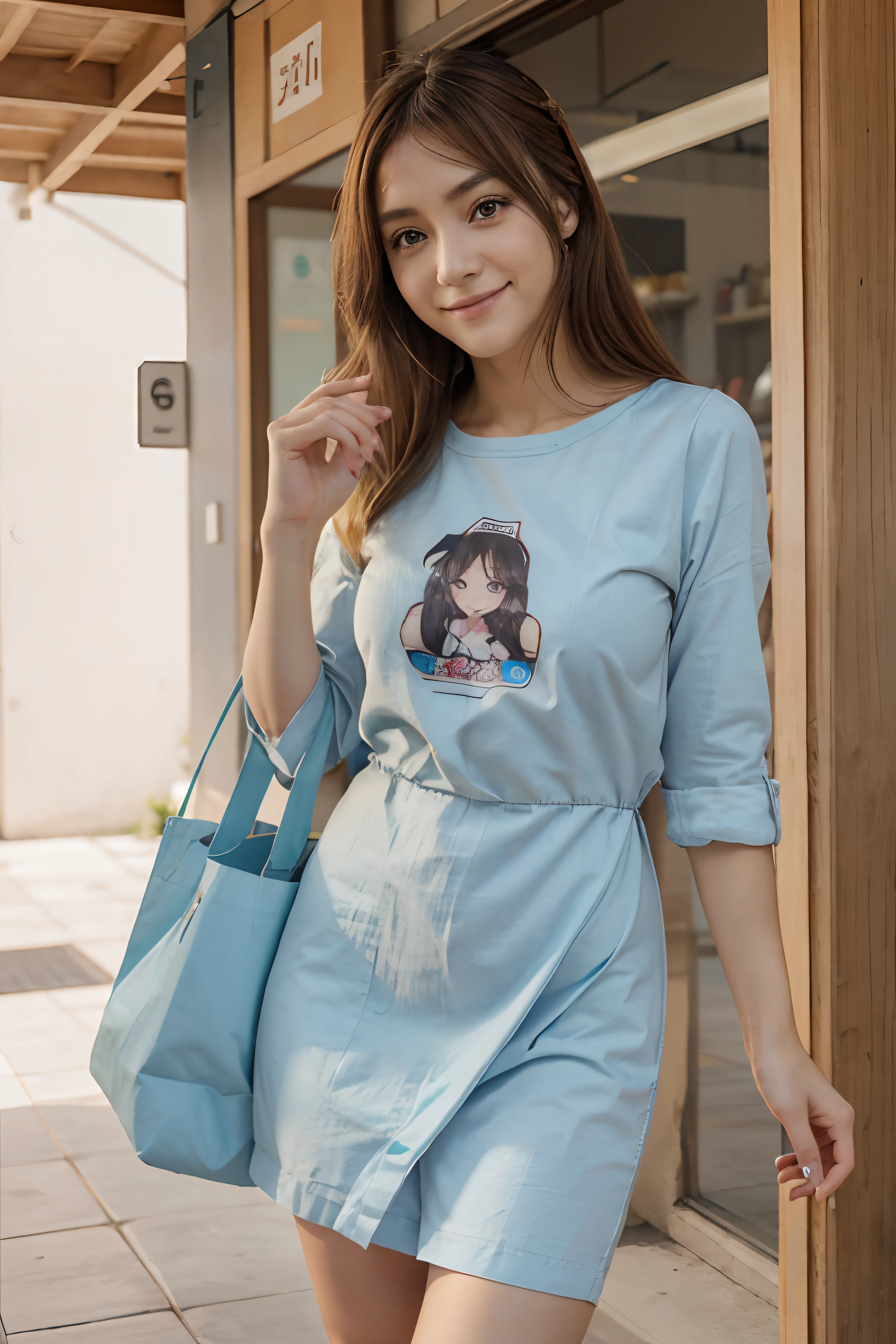 anime, waifu, cabelos castanhos longos e lisos A2, roupa curta, Smiling undone, no shooping, do lado de uma fonte, bolsa louis viton, glutios avantajados, vestido preto, camisa branca, olhos castanhos, batom vermelho,