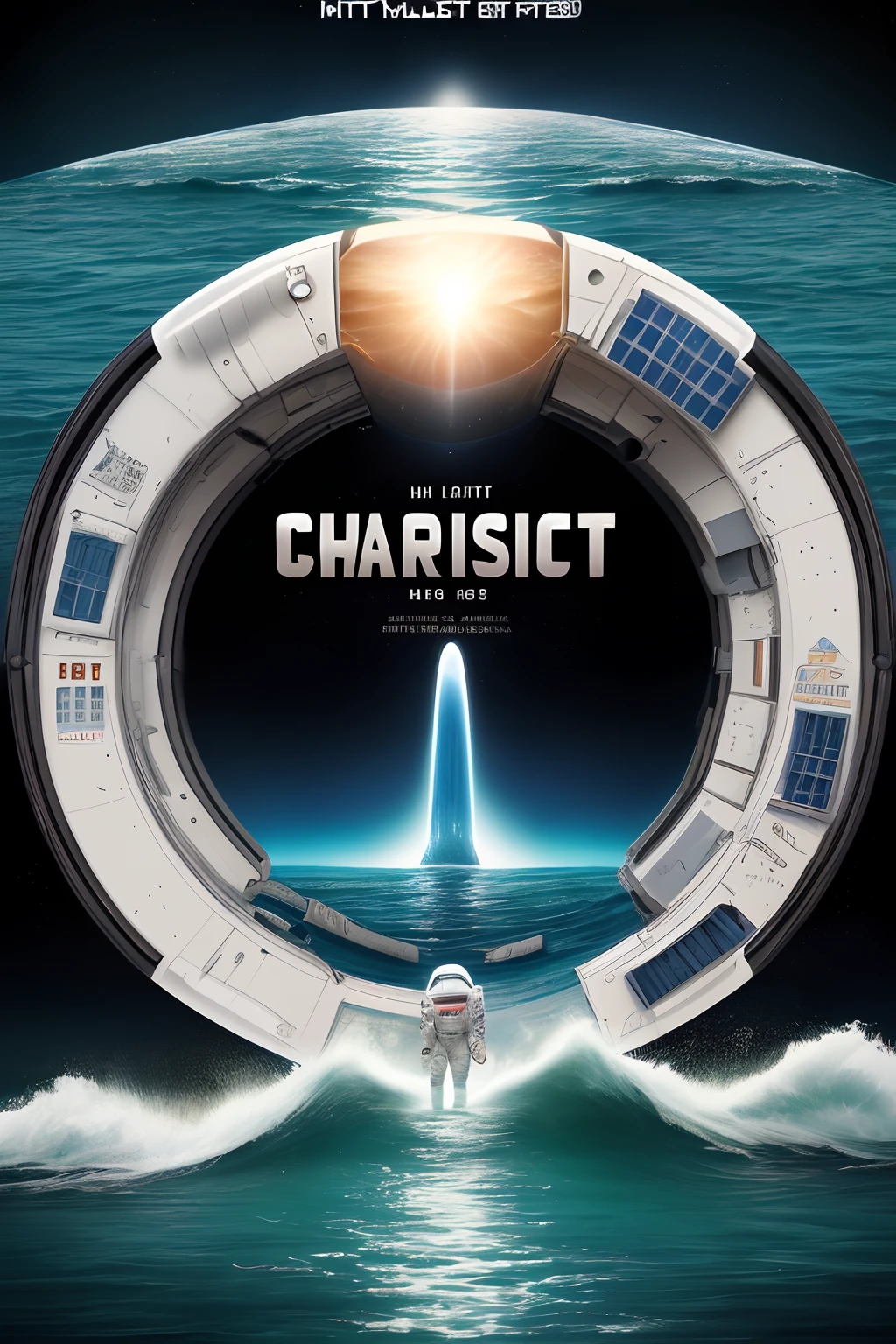 Masterpiece, Best quality,(filmposter:1.5,poster for:1.5,movie title:1.5,charact:1.5),sci-fi themed,Astronauts walk on the water, Ocean, Sea, Ocean alien portal, The astronaut enters the portal,Mystic Light KA,Add more details