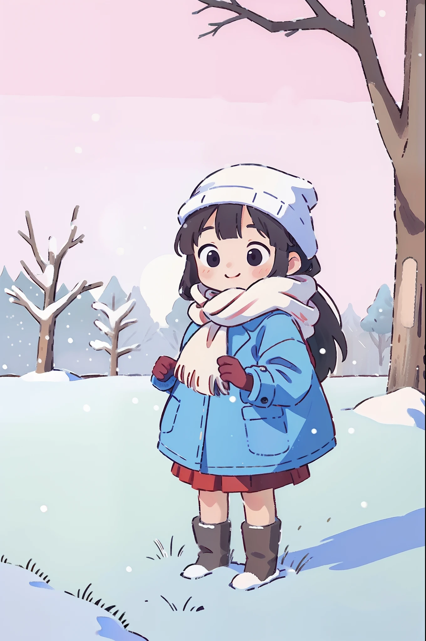 Girl, Long hair, face round, Big eyes, down jacket, Smile, Scarf, winter, park, yukito, White snow, tree, snow cover, in a panoramic view, Front