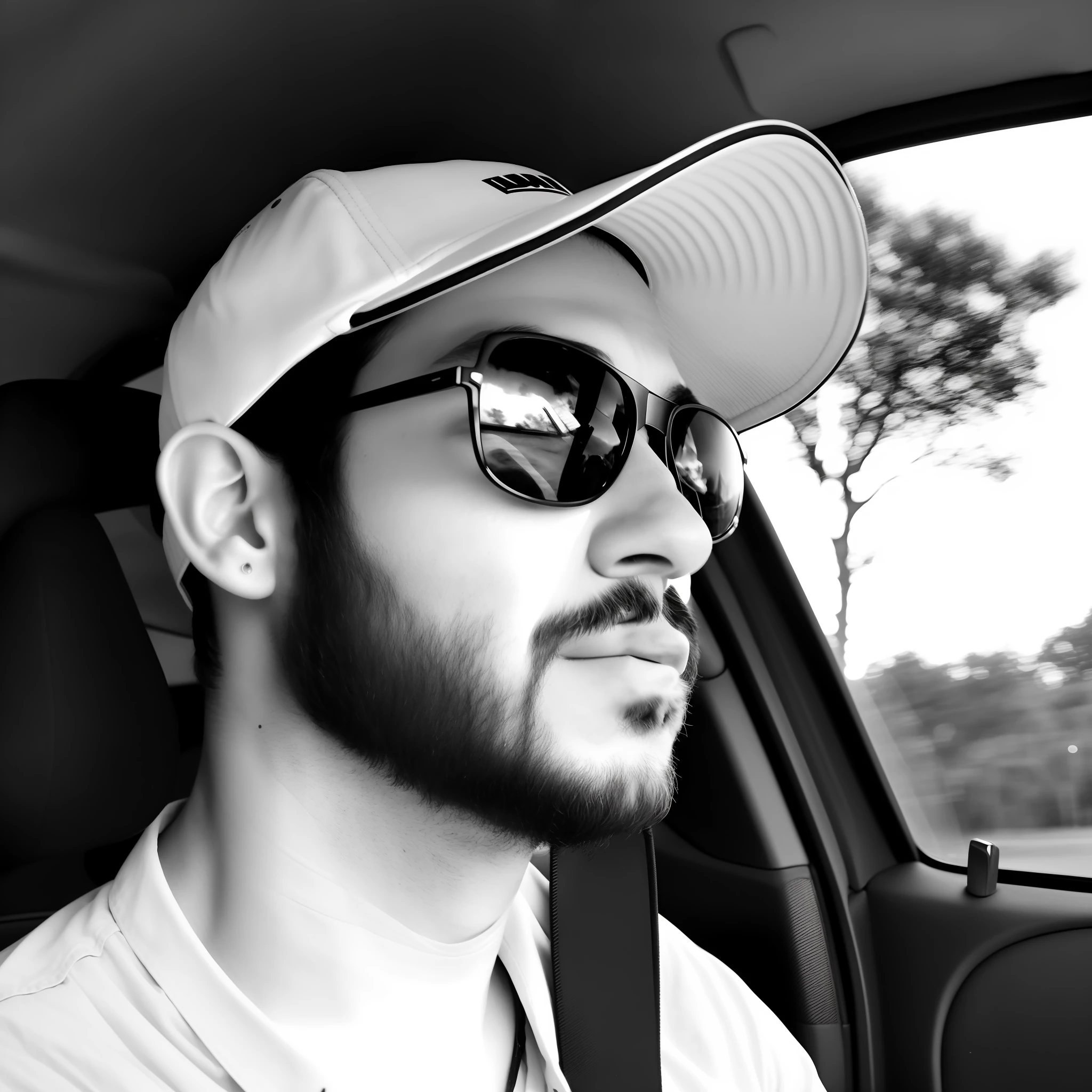 Man in a car wearing hat and sunglasses, wearing sunglasses and a cap, driving, Fotografia BW, inspired by Antônio Parreiras, B&w foto, homem Bonito, em uma estrada, imagem em preto e Branco, wearing shades, por Ismail Acar, # My Portfolio, em preto e Branco, Tiro com iPhone 1 0