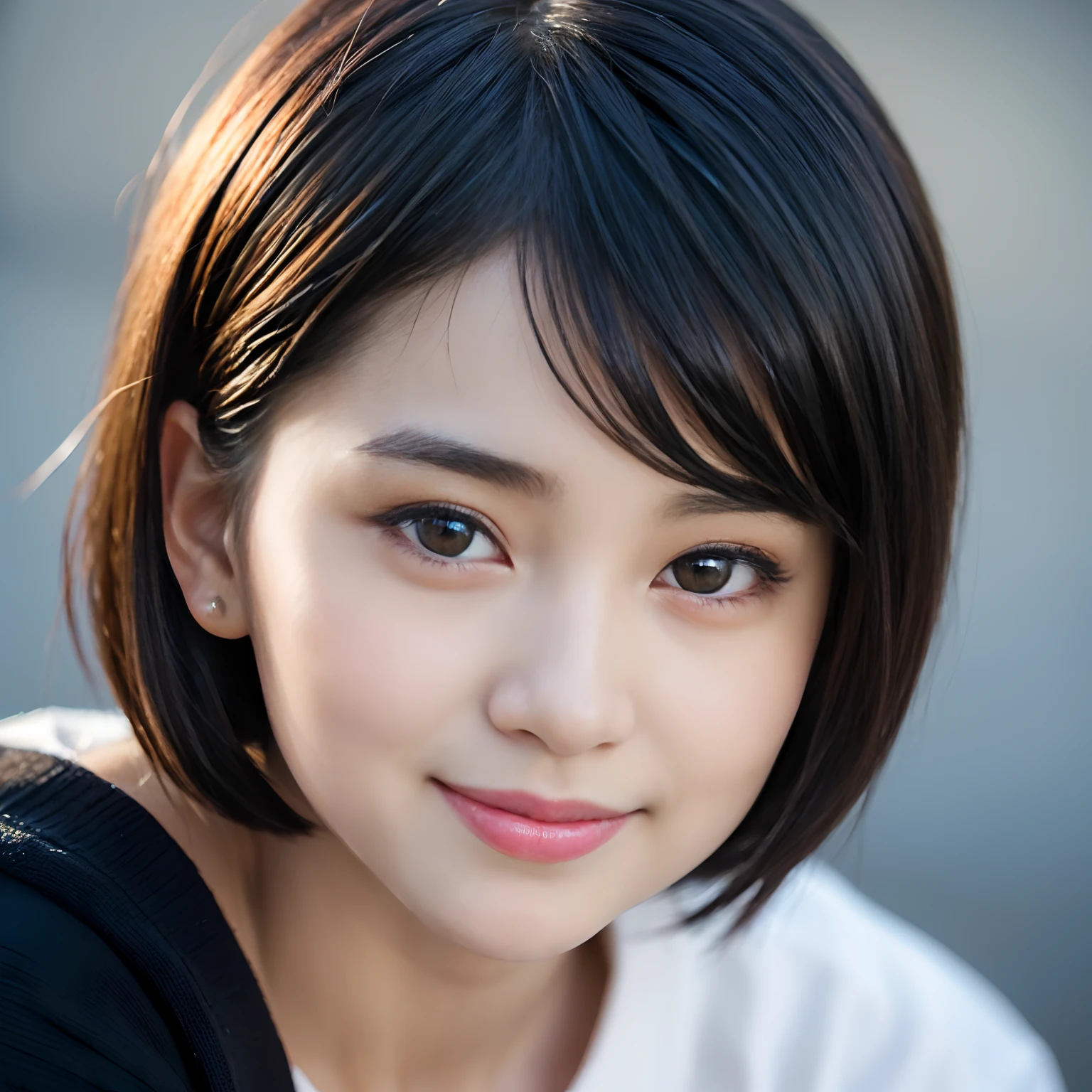 Best-Quality, Masterpiece, Ultra-High-Resolution, (Photorealistic:1.4), Raw-Photo, Hyper-Detailed, 1girl, (10-years-old, Japanese famous idol, wearing loose sweater, portrait, face focus, (twinkle smile, looking at viewer), ((extremely cute face like a the most popular Japanese idol, amazingly beautiful big black eyes, beautiful black short-cut-haired, very beautiful white realistic skins)), detailed face, detailed eyes, detailed hair, detailed white realistic skins