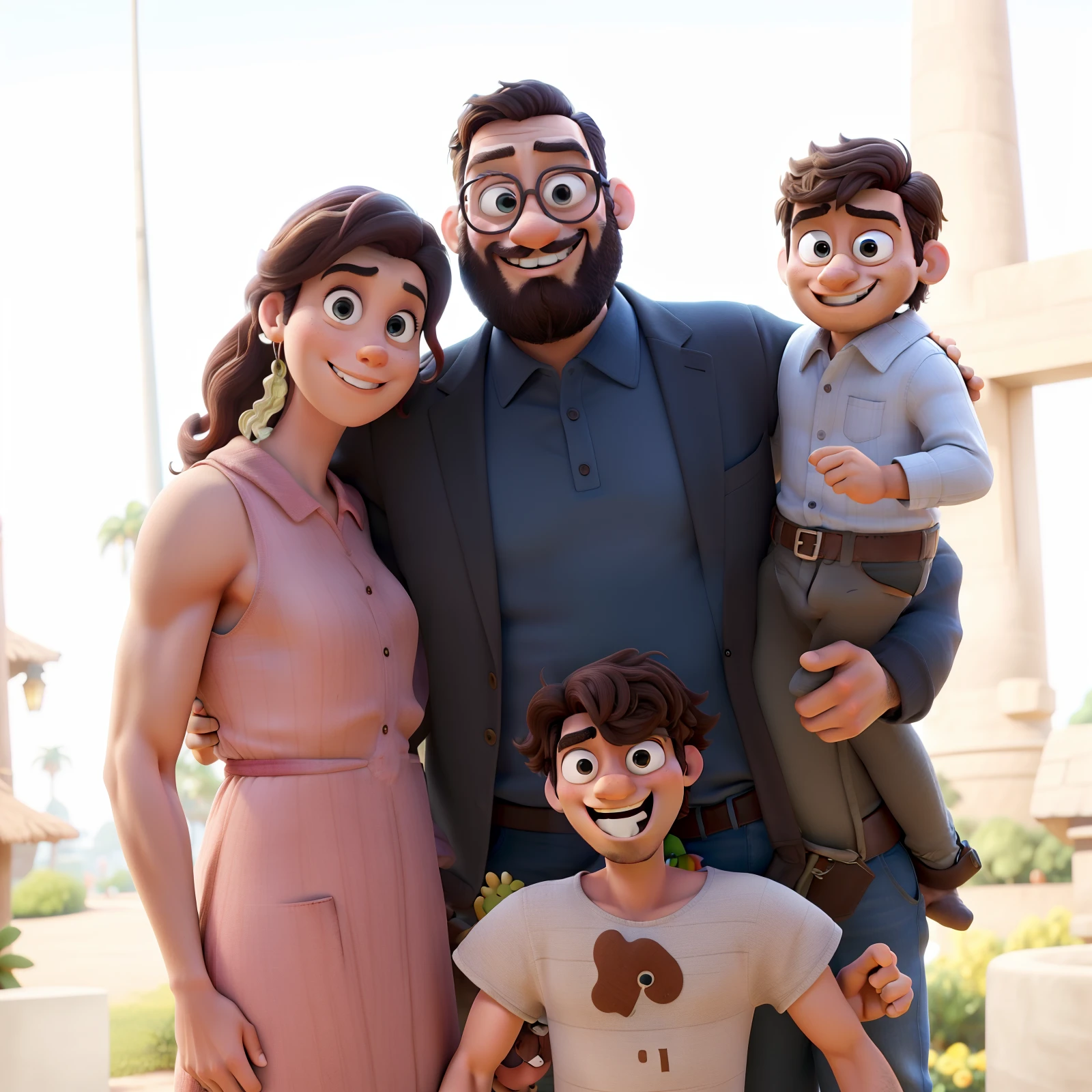 Homem de occulos e barba curta com a familia no parque pixar poster de alta qualidade