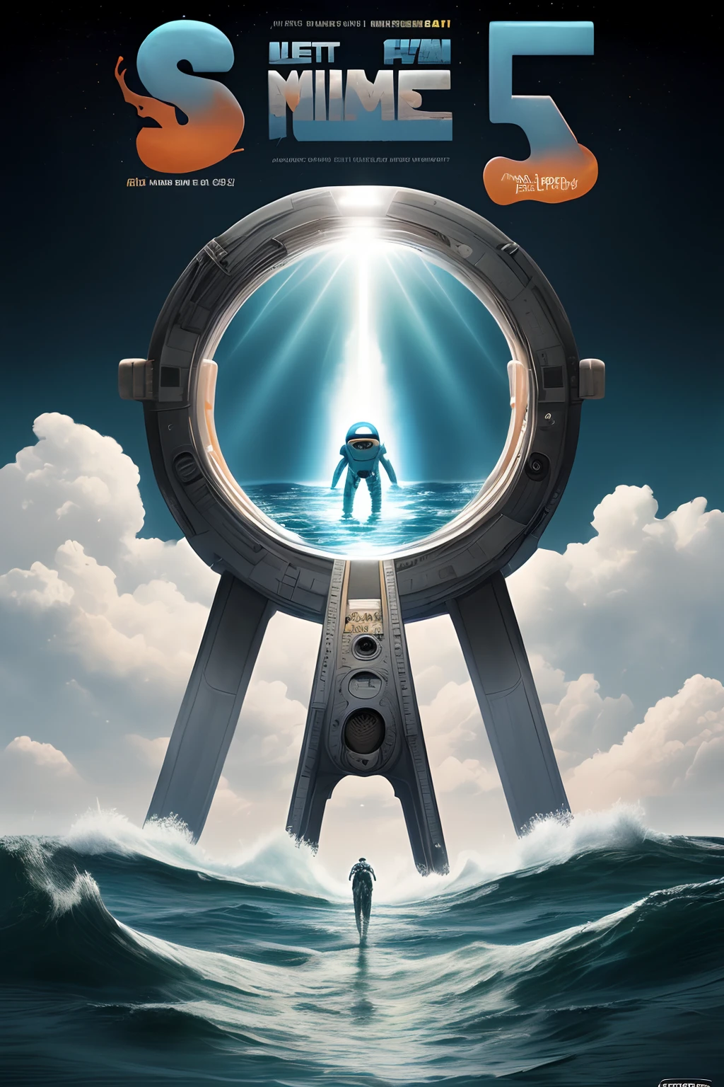 Masterpiece, Best quality,(filmposter:1.5,poster for:1.5,movie title:1.5,charact：1.5)，sci-fi themed，Astronauts walk on the water, Ocean, Sea, Ocean alien portal, The astronaut enters the portal,Mystic Light KA,Add more details