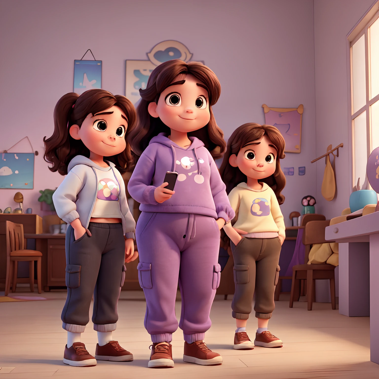 Make a disney pixar animated poster of a chubby girl. The photo is a mirror shot. She is wearing a mauve colored sweatshirt loose semi-crop top and black corduroy wide leg pants. Her hair is dark brown long hair. She is smiling and his both hands are holding her phone.