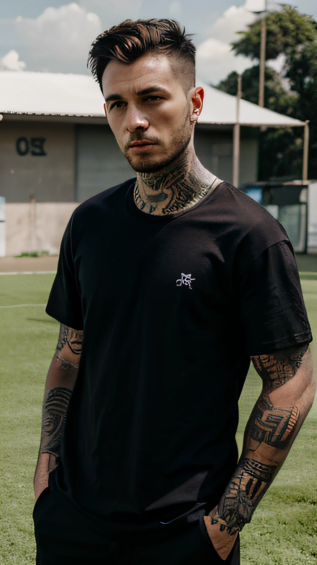 Homem com tatuagem, wearing a baggy black cotton fabric t-shirt, sem estampa. em um campo de futebol