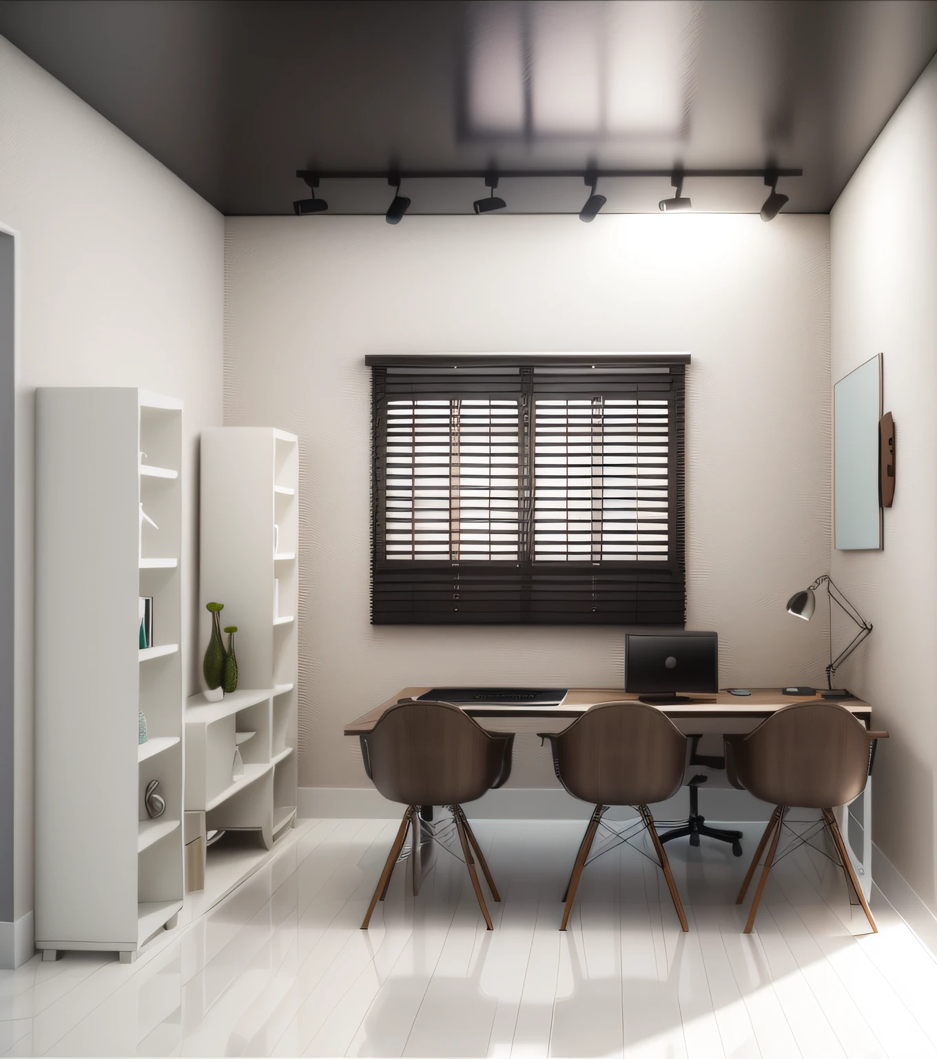 There is a room with a table, Cadeiras, e um laptop nele, 3D rendering, 3D-rendering, 2 d render, Home Office Interior, 3D-rendering, 3D-rendering, 3 - D render, renderizar 3 d, 3d final render, Final 3D rendering, 3 d renders, inspirado em Reinier Nooms, conceito realista, mesmas cores, luz entrando pela janela, persiana, estantes ao lado, Television on the wall, abajur ligado, Ceiling lighting, White Ceramic Flooring, piso branco, parede preta,