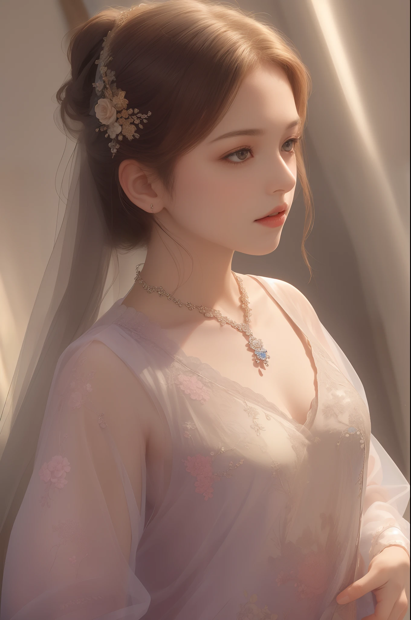 (Best quality:1.2,Masterpiece:1.2,A high resolution,1girll,china dress,Delicate hair accessories,flower ornament,Stunning necklace,Exquisite jewelry,Gentle face,Detailed body,Bokeh effect,Realistic Shading,Studio lighting,twotonelighting,High-resolution skin texture:1.2,8k ultra high definition,digital camera,Soft lighting,professional render,voluminetric lighting,Sincere expression,sportrait,A high resolution,4K,Blurred background)