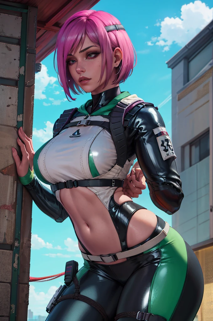 (masterpiece, best quality), 1girl, pink hair,, long hair, sunny day, LatexConcept, zipper, bondage, shibari, rope bondage, bodysuit, skin tight, latex, black bodysuit, shiny clothes, shiny, covered navel, ela_(rainbow_six_siege), masterpiece, best quality, 1girl, solo, green hair, realistic, short hair,(insanely detailed, beautiful detailed face, beautiful detailed eyes, masterpiece, best quality)