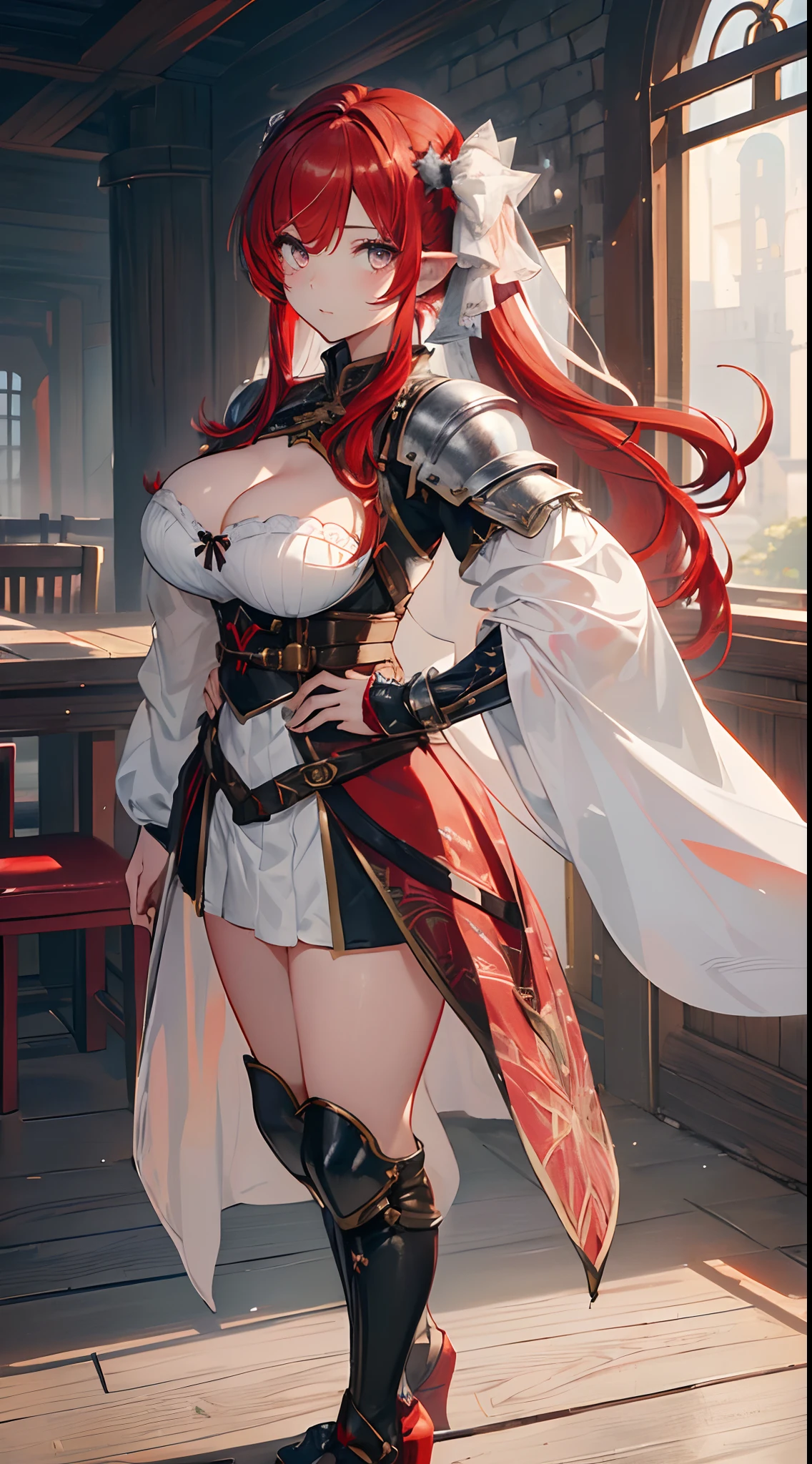 Solo,Absurd resolution、hight resolution、(masterpiece:1.4)、ultra-detailliert、(Detailed finger),(One girl)、Beautiful detailed girl、A detailed face、clear and beautiful, Character as the main point of view, Radiant skin, Girls, femele, 年轻, (red hairs:1.7),(length hair),(Side ponytail hair),(Red beautiful hair),(Silvery eyes:1.5),kawaii、beautiful countenance、beautidful eyes,((Knights))、Fantasy costume,Original Character,((Wearing armor)),((Costumes of medieval Europe)), (large full breasts:1.3),(thighs thighs thighs thighs:0.9),(Facing:1.2),(Full body portrait),(Standing:1.3),(shoes on),Simple background、((white backgrounid)), Female Warrior