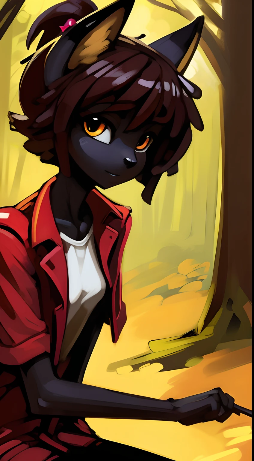 Vixen,1woman,masterpiece,best quality,shy,reserved,black skin,fur with orange strokes,thin,small breasts,tall,skinny,art style by bittenhard,sitting in the forest,dusk,brown dark hair, short ponytail hair, face closeup, messy hair, looking at viewer,shy,detailed,beautiful details,thorn clothes,red trench coat, white t-shirt, black pants,feral legs,