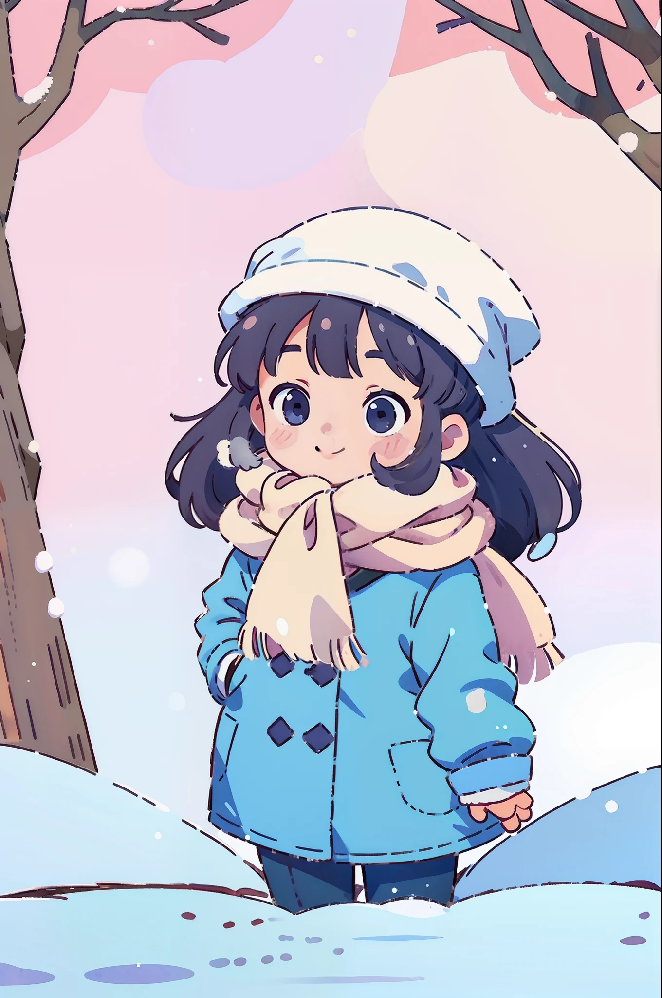 Girl, Long hair, face round, Big eyes, down jacket, Smile, Scarf, winter, park, yukito, White snow, tree, snow cover, in a panoramic view, Front