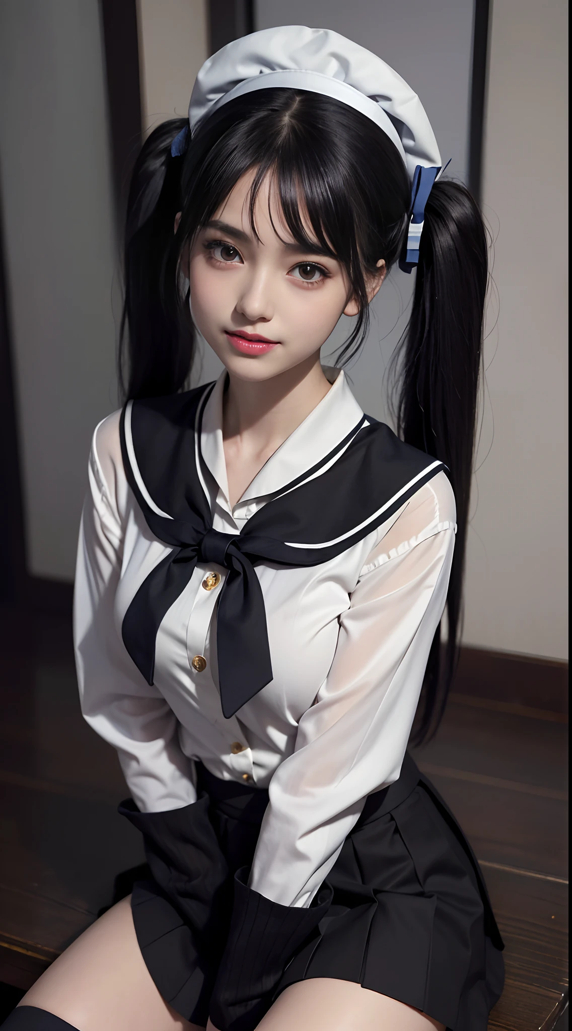 ultra detailed,realistic,(1girl),in stage,stage light,(detailed background),[(detailed face):14],(detailed nose blush),(mid breasts),(detailed TwinTails),(Wavy hair),detailed daylight,(high detailed skin:1.4),(Flat bangs),focus on face,(detailed black eyes:1.4),(big eyes),(white socks),
clean, pure face,(seductive smile),
(short-sleeved JK_sailor),JK_style,(dark blue JK_skirt) ,(bow JK_tie),
(black loafers)