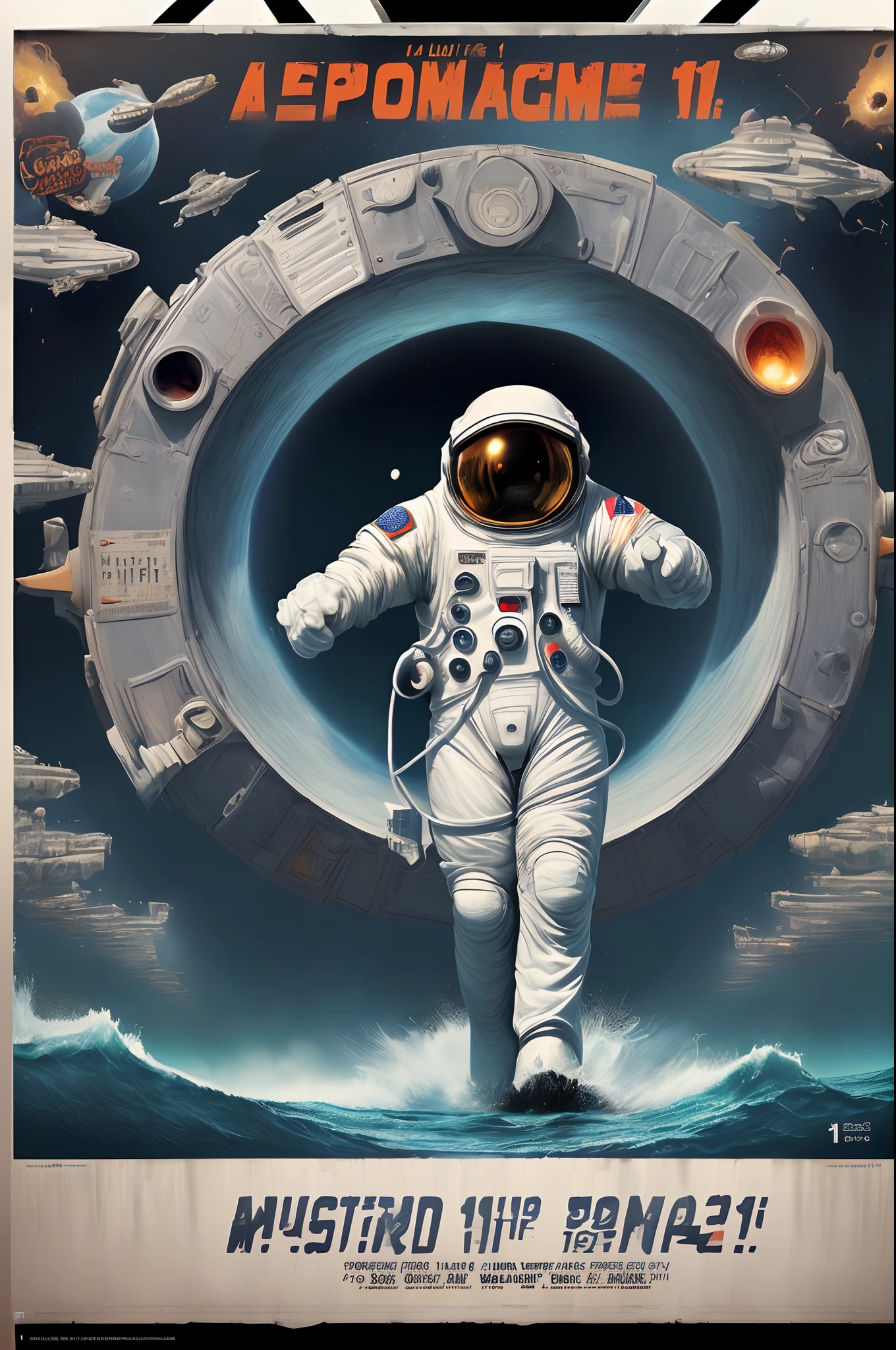 Masterpiece, Best quality,(filmposter:1.5,poster for:1.1,movie title:1.5,Large characters:1.5)，sci-fi themed，Astronauts walk on the water, Ocean, Sea, Ocean alien portal, The astronaut enters the portal,Mystic Light KA,Add more details