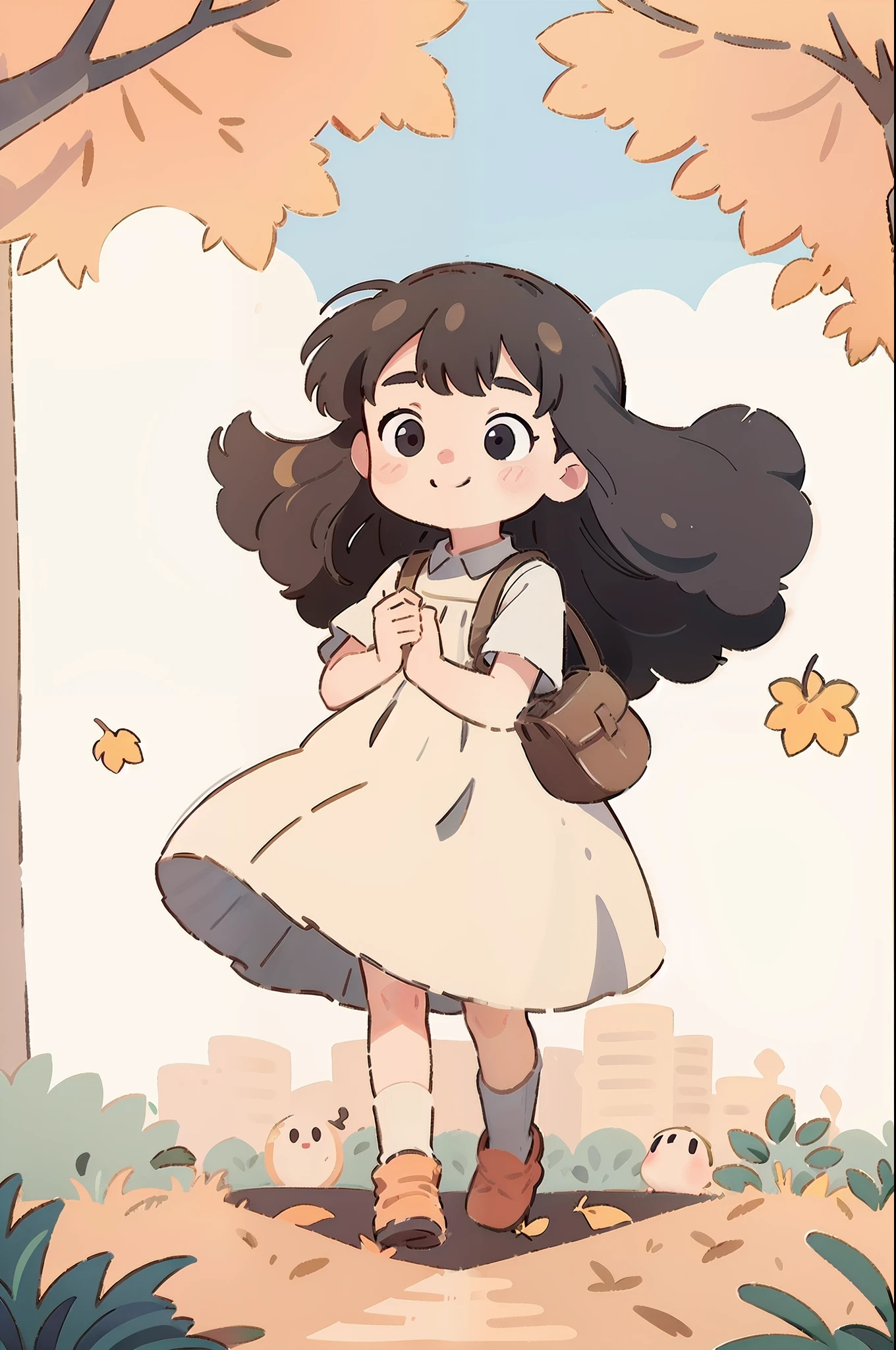 l girl, long hair, round face, big eyes, long white dress,smiling, black crossbody bag, skirt blowing in the wind，Autumn, park, golden leaves, woods Panorama, front