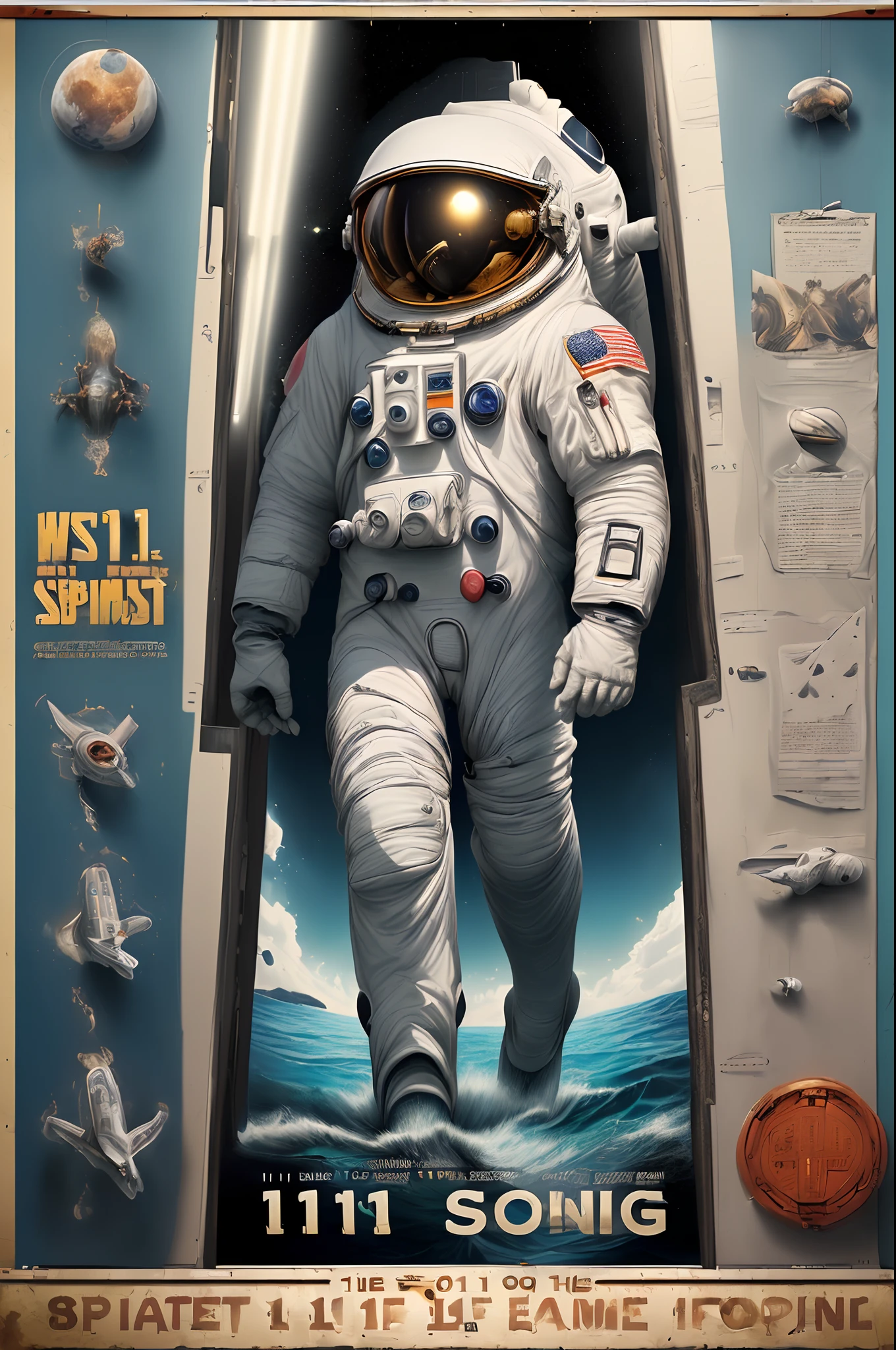 Masterpiece, Best quality,(filmposter:1.5,poster for:1.1,movie title:1.5,Large characters:1.5)，sci-fi themed，Astronauts walk on the water, Ocean, Sea, Ocean alien portal, The astronaut enters the portal,Mystic Light KA,Add more details