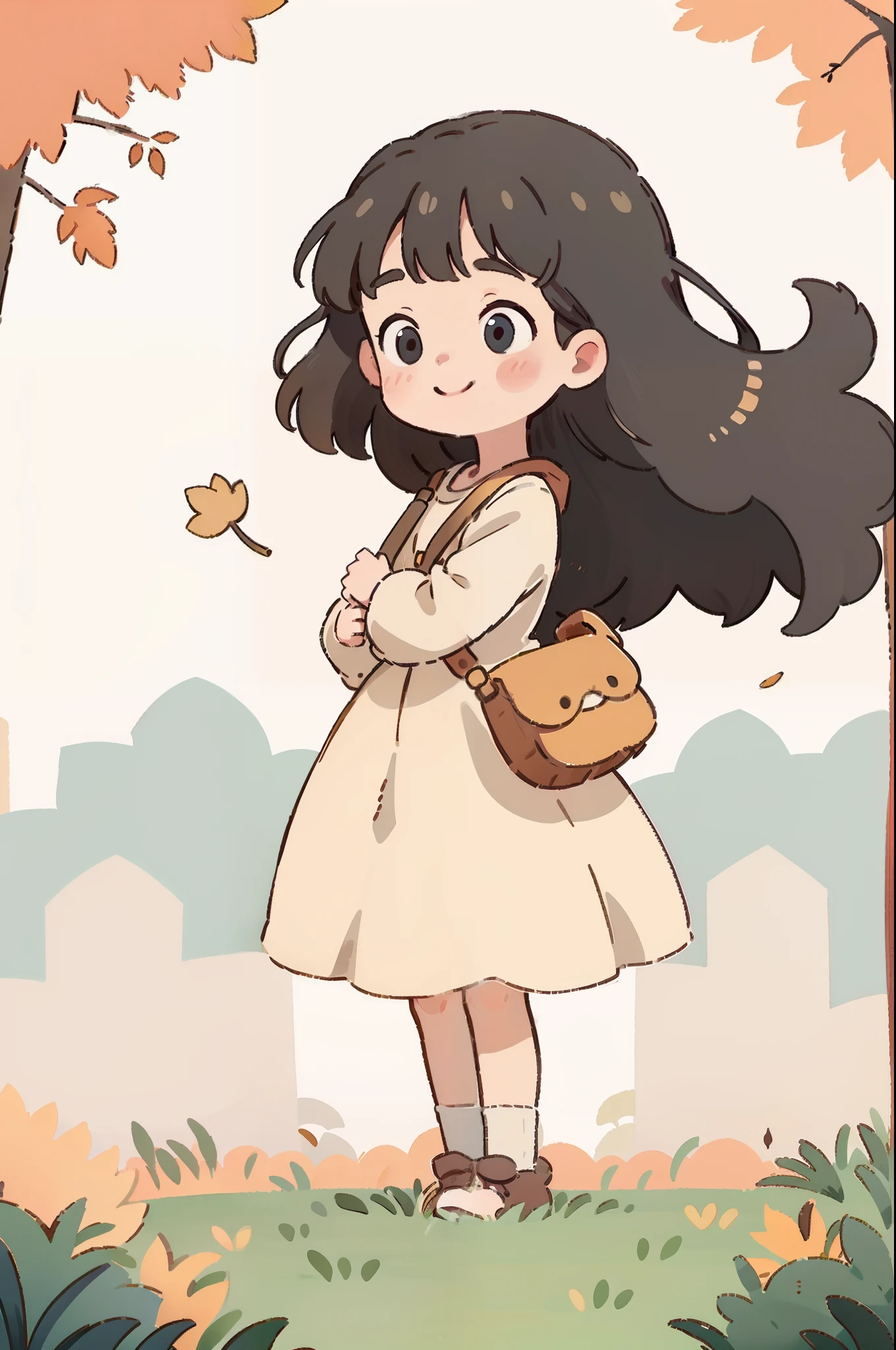 l girl, long hair, round face, big eyes, long white dress,smiling, black crossbody bag, skirt blowing in the wind，Autumn, park, golden leaves, woods Panorama, front