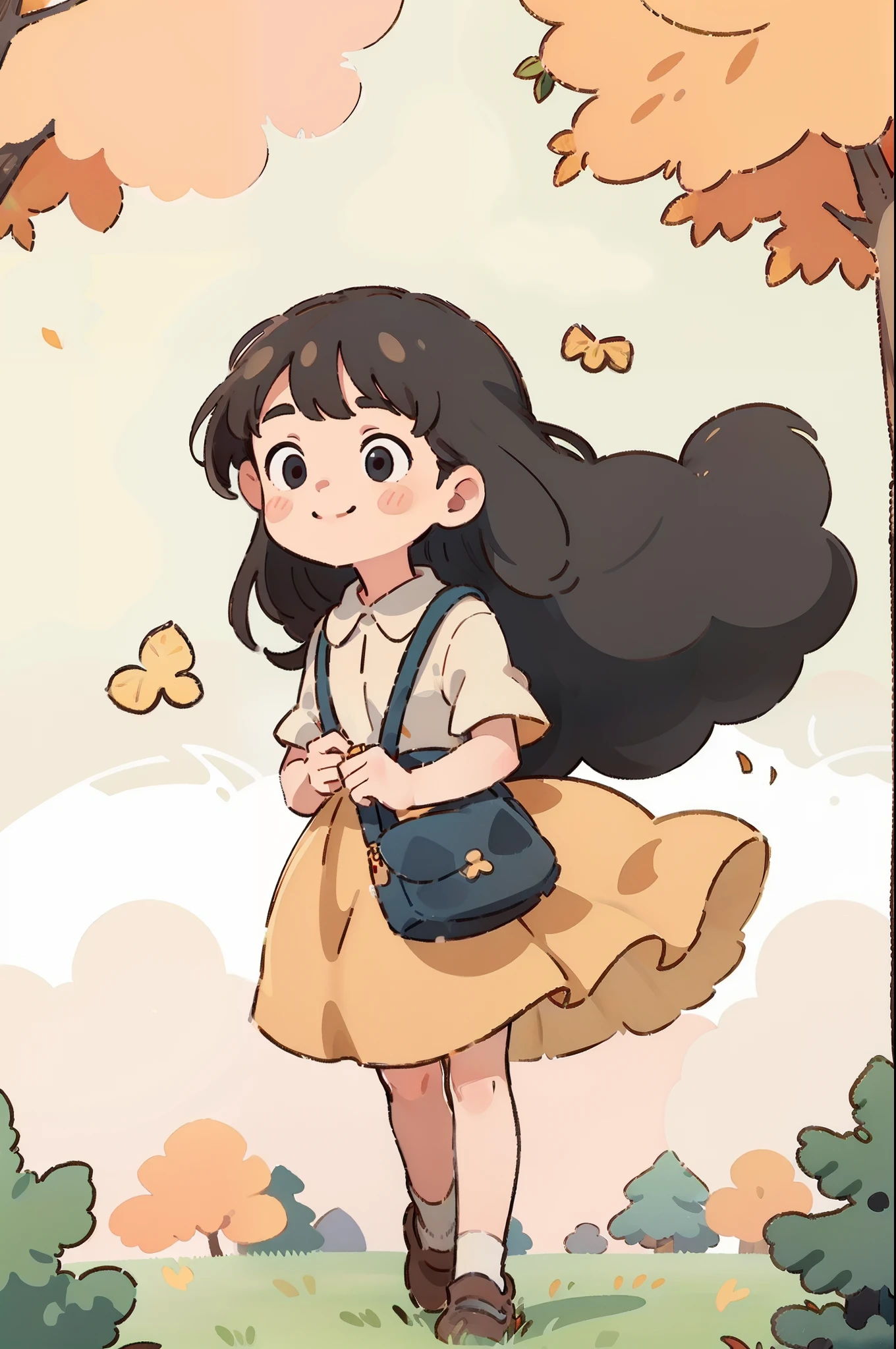 l girl, long hair, round face, big eyes, long white dress,smiling, black crossbody bag, skirt blowing in the wind,Autumn, park, golden leaves, woods Panorama, front