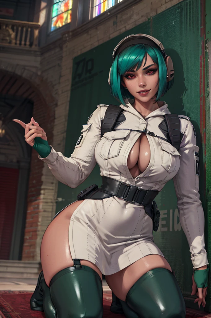 nunomi,multicolored hair, ,shiny skin, fang, dark skin, red eyes, green thighhighs,evil smile, halo, shiny skin, dress, latex, large breasts, thick thighs, ,kneeling, (church), elbow gloves, mature male, multiple boys, netorare,ela_(rainbow_six_siege), masterpiece, best quality, 1girl, solo, green hair, realistic, short hair, (insanely detailed, beautiful detailed face, beautiful detailed eyes, masterpiece, best quality)