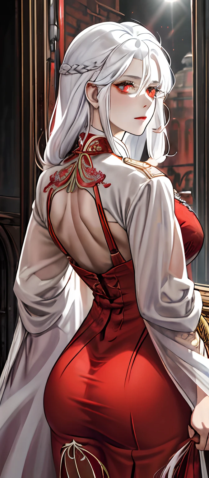 Detailed illustration in anime style. A young woman with long, flowing platinum blonde hair. An intense, seductive expression with piercing red eyes. A slight blush on her cheeks. She is wearing an elegant, form-fitting white outfit decorated with an intricate golden Art Nouveau pattern. The outfit includes a long-sleeved, backless top and high-waisted pants. In her right hand she holds a red dagger, near her waist. Her left hand is relaxed at her side. Her body is posed sideways, looking over her shoulder. With a lustrous butt, her posture is confident and poised. Large red earrings that match her eyes. Overall, the look is fierce and elegant, with a strong emphasis on the intricate details and glittering elements of the garment.Anatomically correct, 