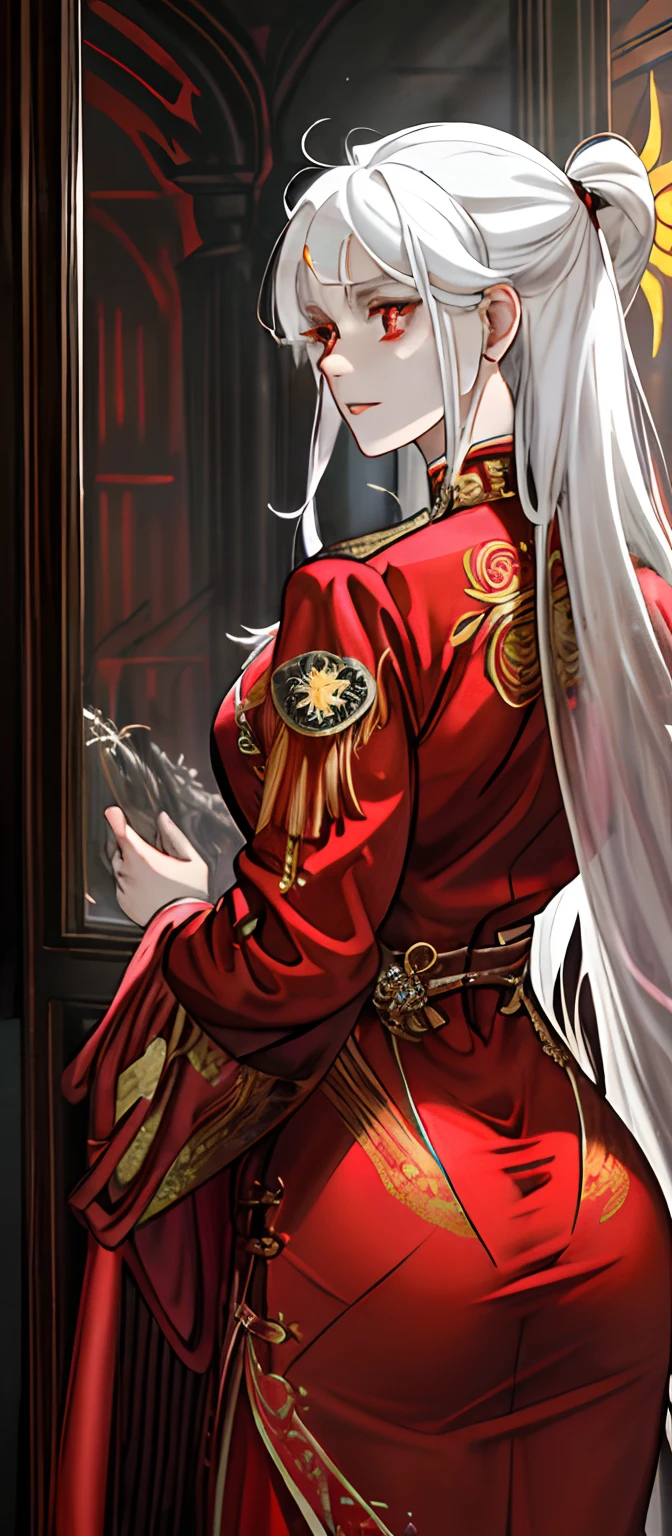 1female, White hair, Red eyes, (woman,Royal Sister_Shot:1.2), Ass focus, Long hair, side locks,Dangerous expressions,Extreme panic,Close-up of the front of the butt,After being violated ,Scared,(terrified:1.1) expression,Watching from behind,Back view, Atmospheric lighting, Moody, Darkness, In an abandoned old museum, Clear glass display case full of interesting items, Dusty, Post-apocalypse, spiderwebs, masterful, Beautiful 8k wallpaper,Camel hooves ,Extremely detailed, Intricate,a warm color palette,Half naked chest,huge tit(D),plethora of colors,bright sun,Wear a gorgeous coat,Wear a red cheongsam inside,Broken clothes,a queen,Beautiful young woman,big assa(F)