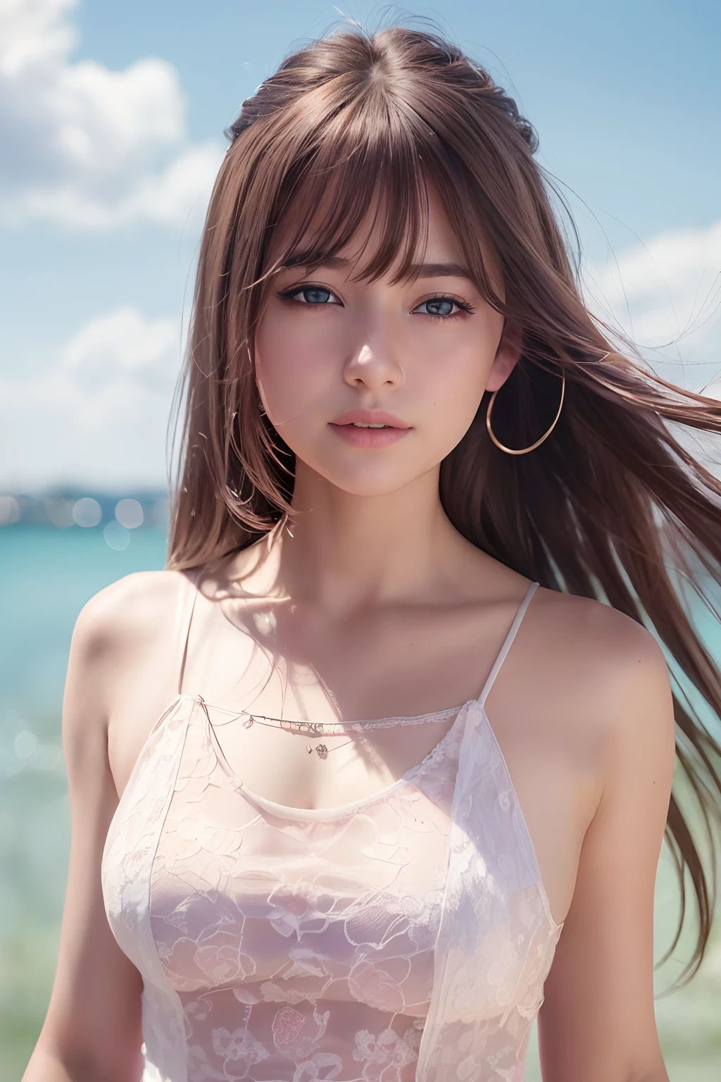 (8k, Best Quality, Masterpiece:1.2), (Realistic, Photorealistic:1.37), Ultra Detail, 1 Girl,Cute,Solo,Beautiful Detailed Sky,Date,(Blush),(Smile:1.15),(Closed Mouth)Small Breasts,Beautiful Detailed Eyes,(Long Hair: 1.2),Floating Hair NovaFrogStyle, Upper Body, Tank Top